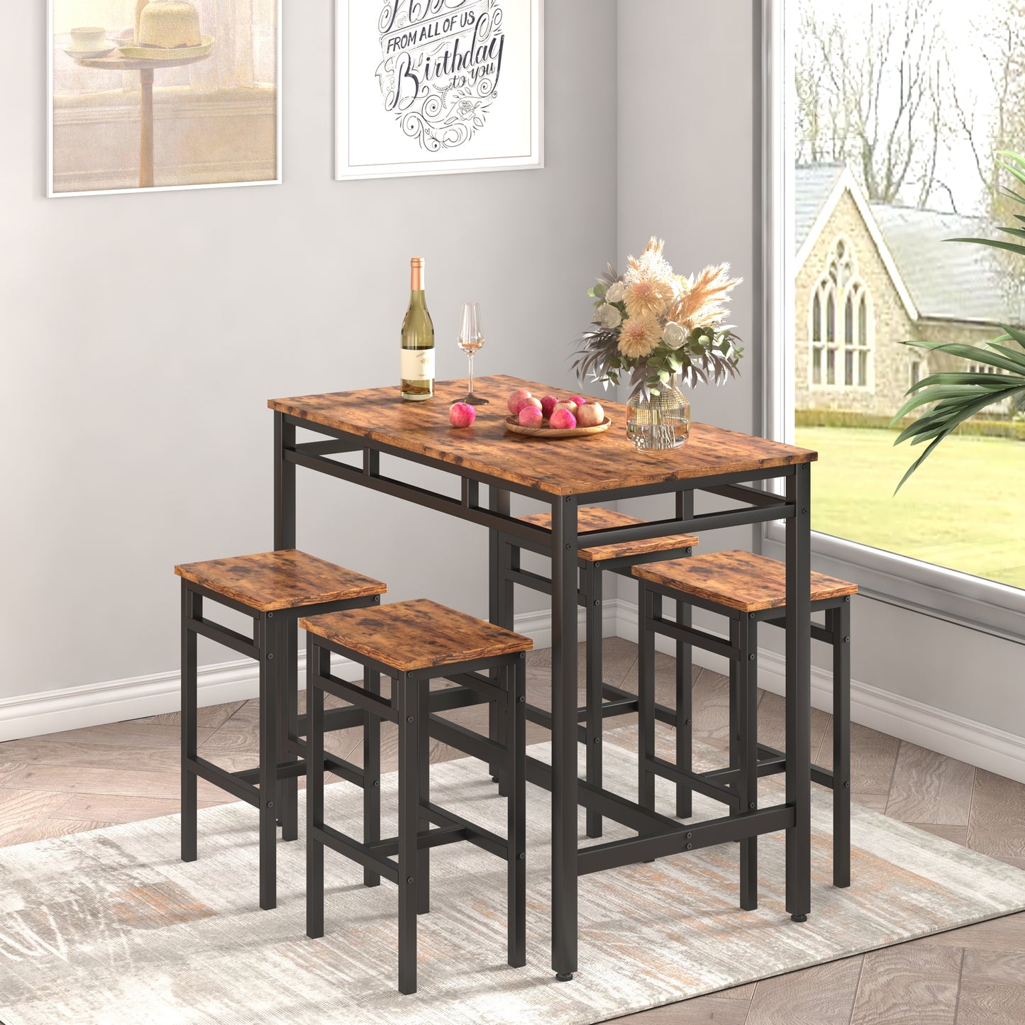 SYNGAR 5 Piece Pub Table Set, Counter Height Faux Marble Bar Table Set with 4 PU Leather Cushioned Stools, Modern Home 4-Person Dining Table Set, Kitchen Breakfast Table and Stools Set, Y010