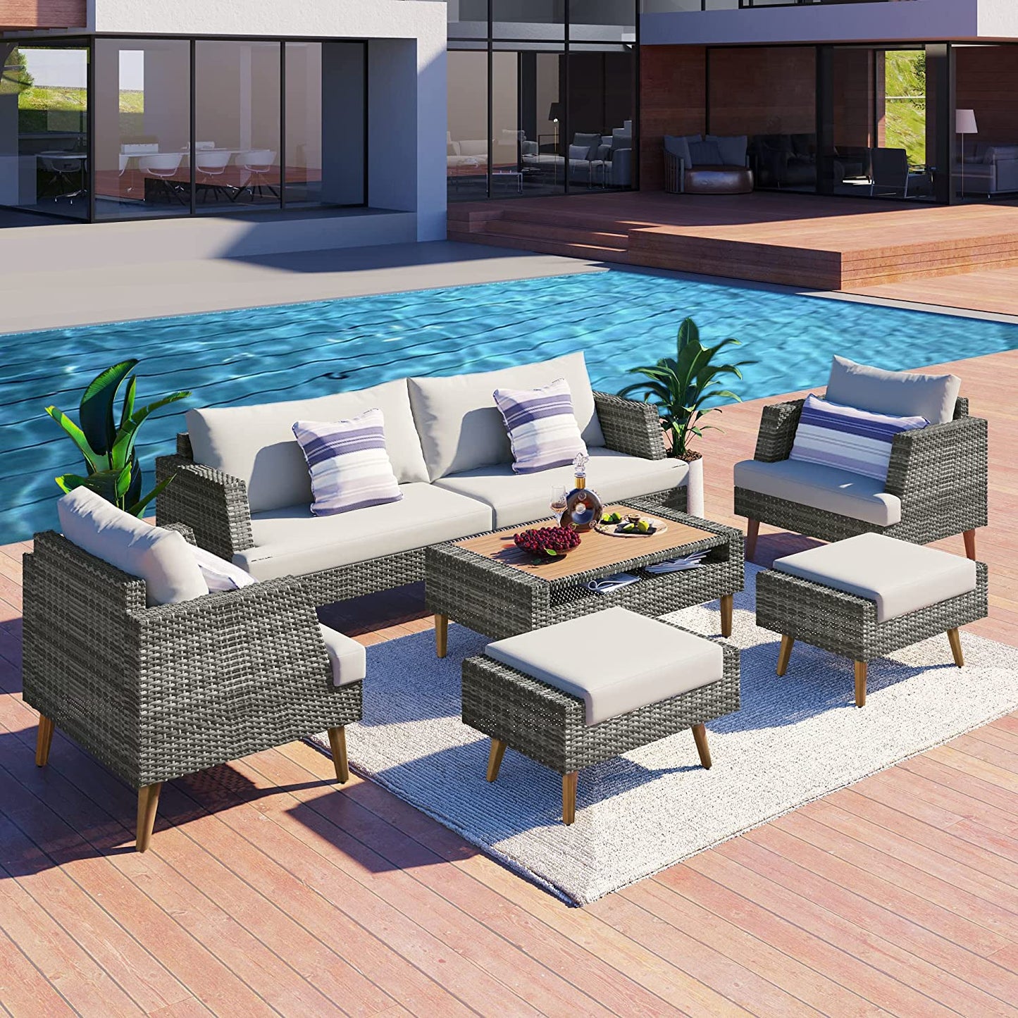 Syngar 6 Piece Patio Furniture Set, Outdoor Sectional Sofa Set with Ottomans, Coffee Table and Brown Cushions, All Weather Brown PE Wicker Conversation Chairs Set for Yard Balcony Poolside Deck