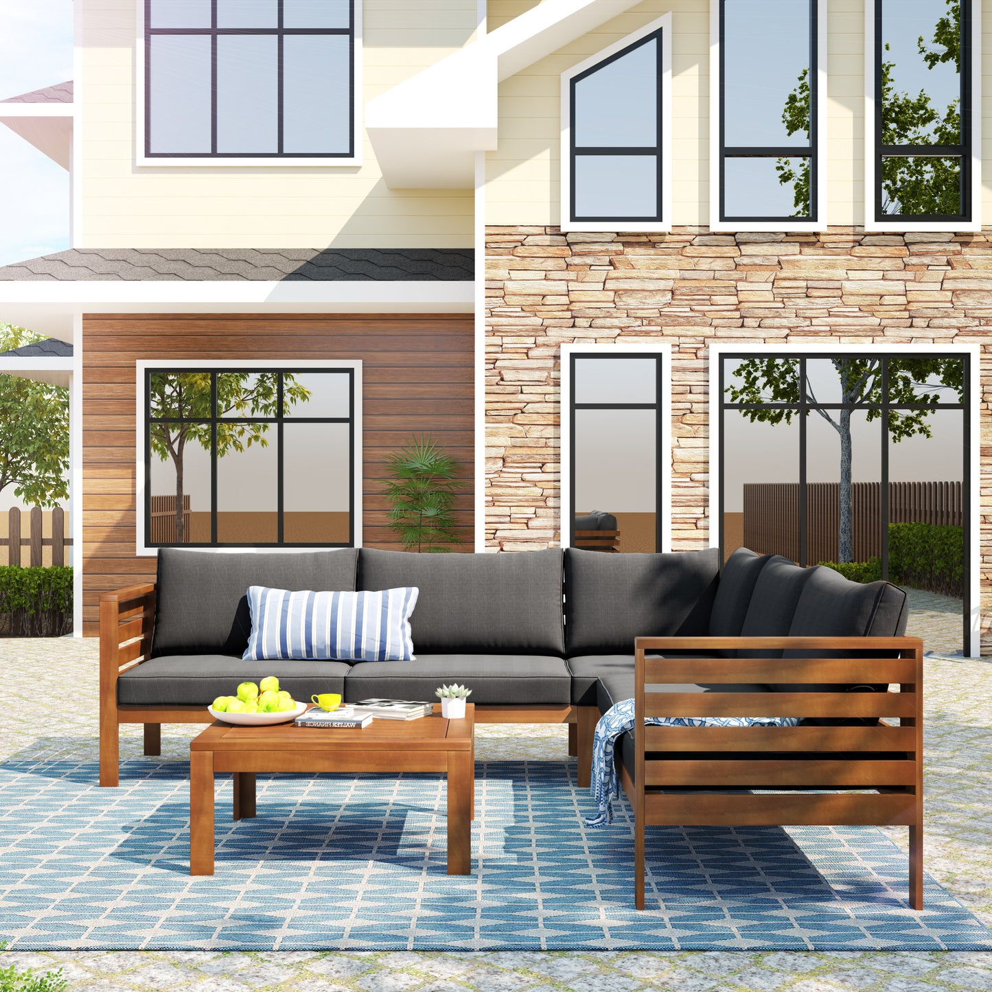 Syngar Outdoor Sofa Chairs Set, Patio Metal Furniture Set with Brown Cushions, 7 Piece Conversation Sofas with Corner Sofas, Armless Sofa and Coffee Table, for Backyard, Poolside, Deck, Balcony
