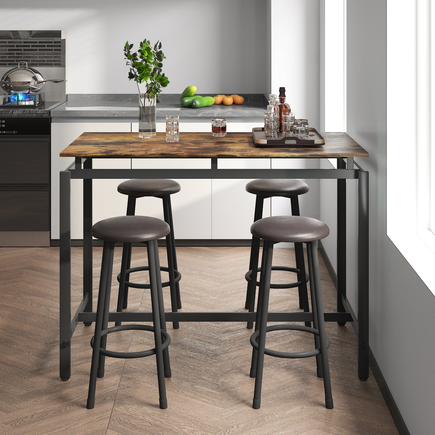 SYNGAR 5 Piece Dining Table Set, Modern Pub Table Set with 4 Stools, Counter Height Bar Table Set, 4-Person Home Dining Table and Stools Set, Kitchen Table Set for Breakfast, Rustic Brown, D6632