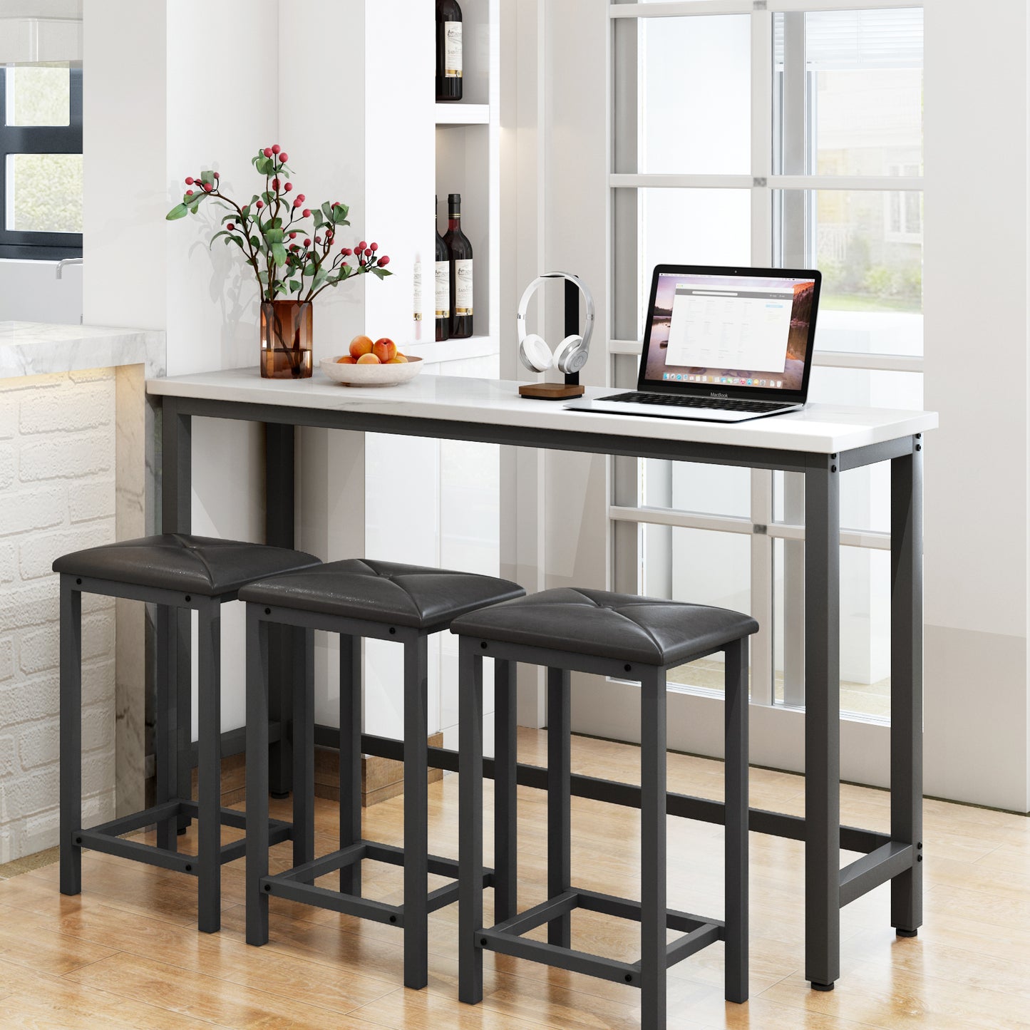 SYNGAR Counter Height Bar Table Set, Modern 4 Pieces Dining Table Set, Long Pub Table and 3 Stools, 3-Person Dining Table and Stools Set, Kitchen Side Table Set for Breakfast, Brown, D6413