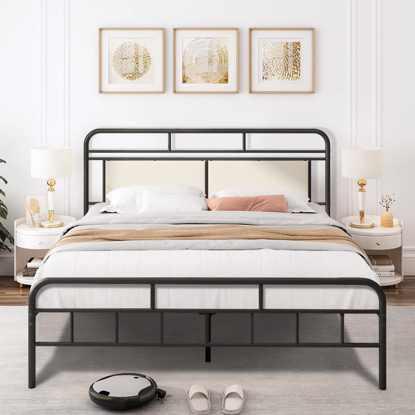 SYNGAR Black Queen Platform Metal Bed Frame with Upholstered Headboard and Footboard, Vintage Style Mattress Foundation with Large Under Bed Storage, No Box Spring Required, Easy Assembly