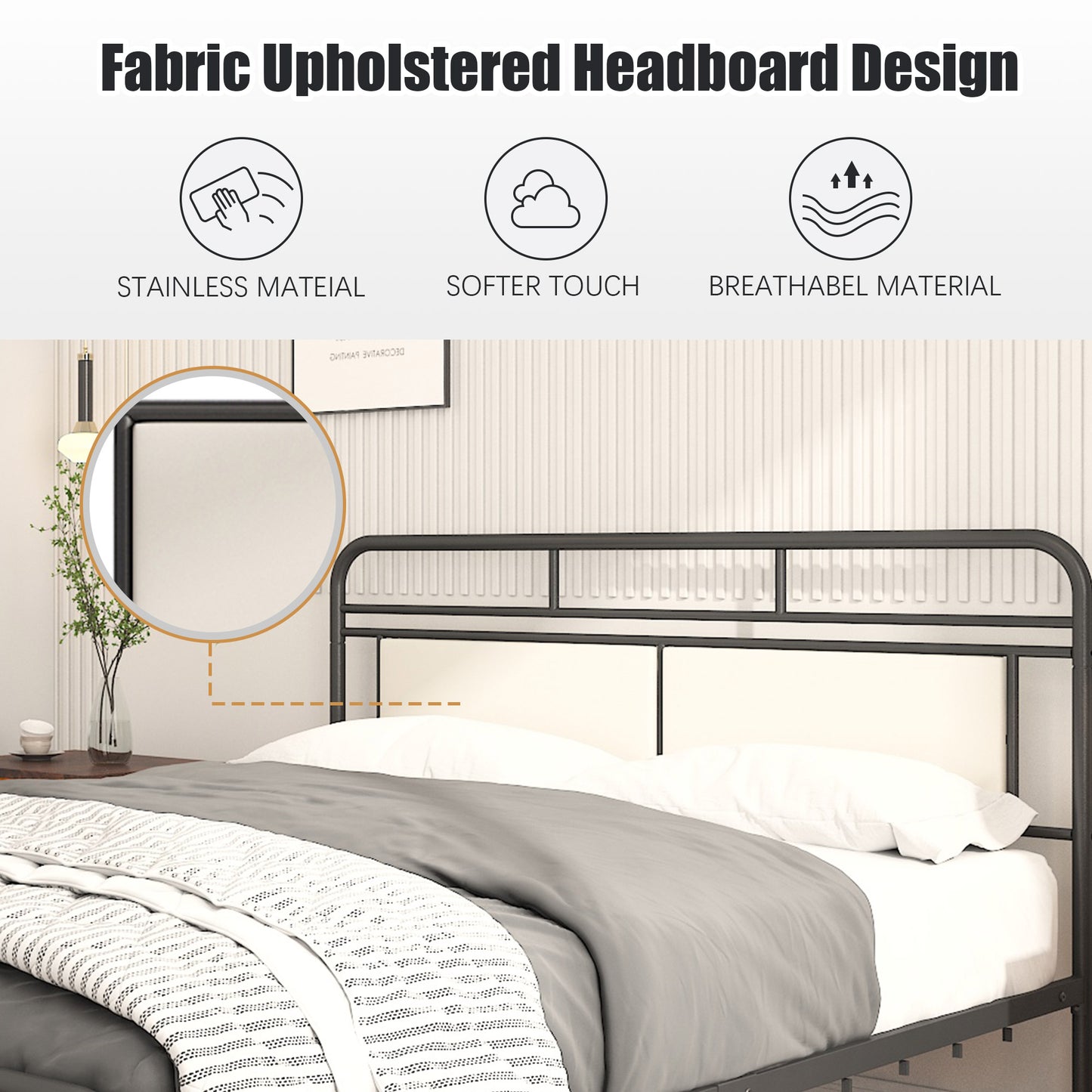 SYNGAR Black Queen Platform Metal Bed Frame with Upholstered Headboard and Footboard, Vintage Style Mattress Foundation with Large Under Bed Storage, No Box Spring Required, Easy Assembly