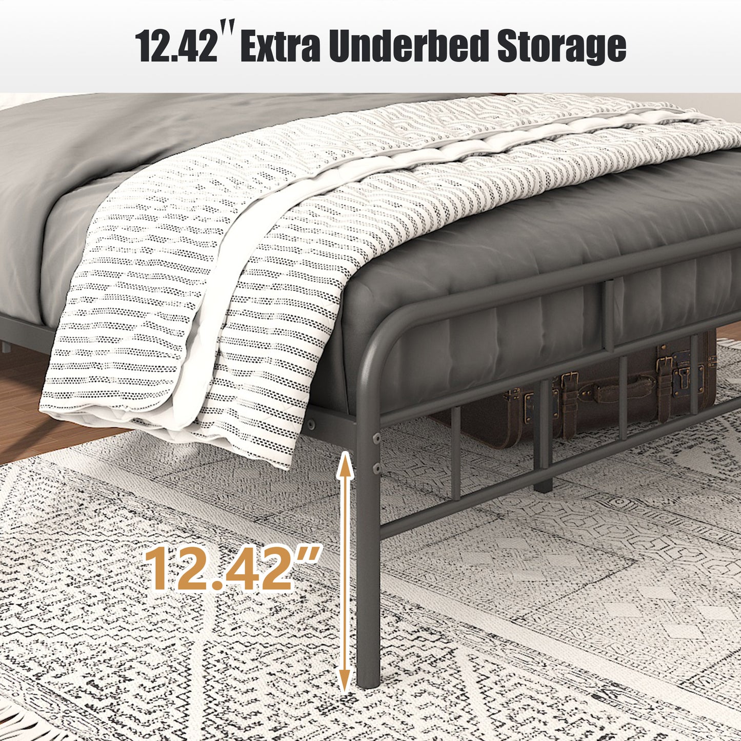 SYNGAR Black Queen Platform Metal Bed Frame with Upholstered Headboard and Footboard, Vintage Style Mattress Foundation with Large Under Bed Storage, No Box Spring Required, Easy Assembly