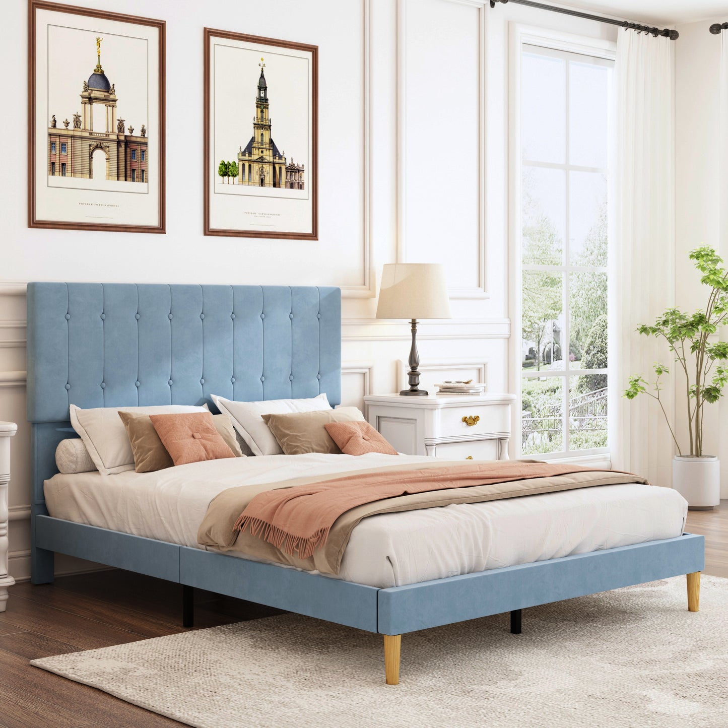 SYNGAR Blue Fabric Upholstered Platform Bed Frame Queen Size with Button Tufted Headboard, Mattress Foundation Metal Frame with Strong Wood Slat Support, No Box Spring Needed