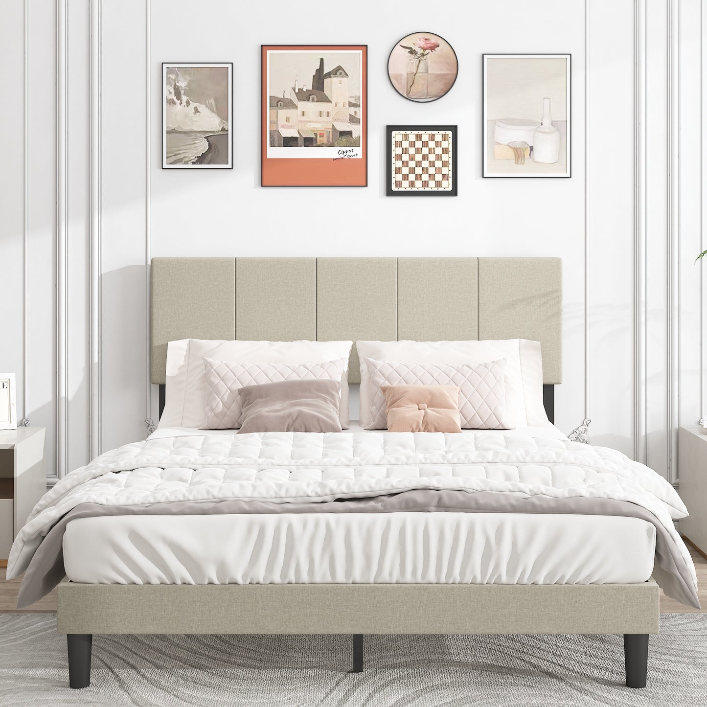 SYNGAR Full Size Platform Bed Frame with Fabric Upholstered Headboard, Sturdy Metal Frame and Strong Wooden Slats, No Box Spring Needed, Beige