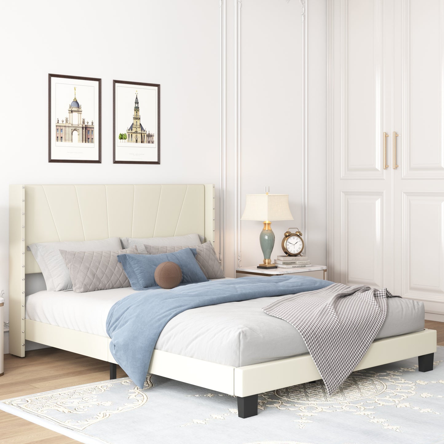 SYNGAR Beige Fabric Upholstered Platform Bed Frame Queen Size with Rivet Wingback Headboard, Mattress Foundation with Strong Wooden Slat Support for Kids Teens Adults, No Box Spring Needed