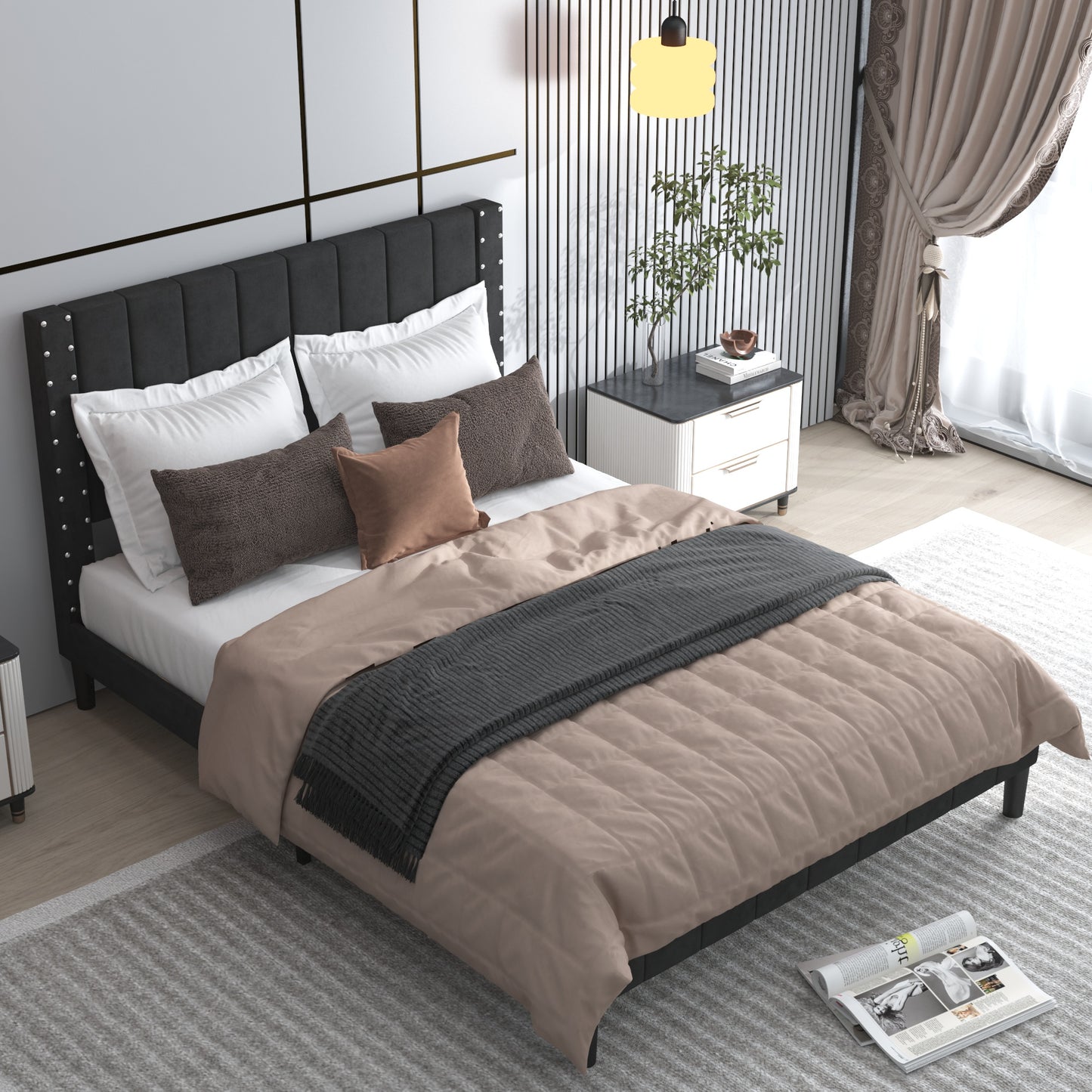 SYNGAR Queen Bed Frame, Modern Bed Frame with Square Tufted Upholstered Headboard, Wood Slat Support, Beige
