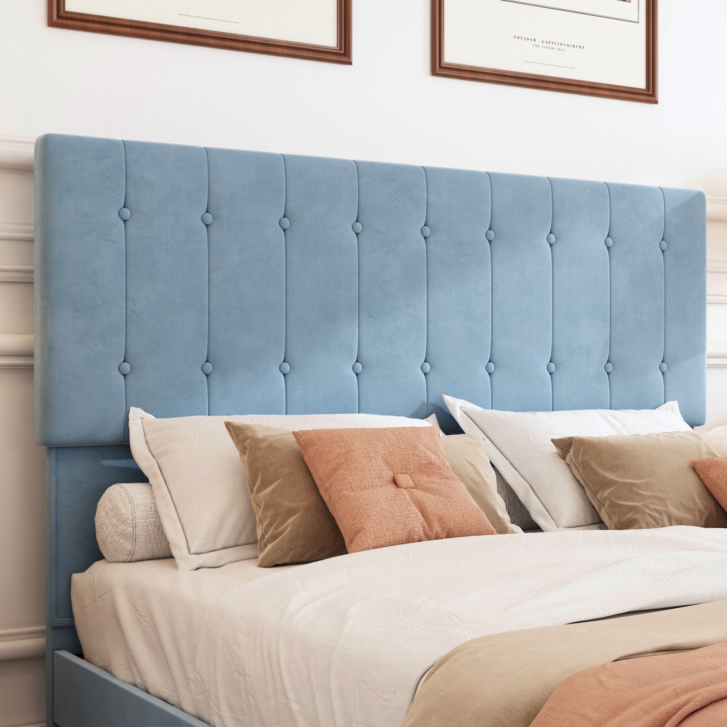 SYNGAR Blue Fabric Upholstered Platform Bed Frame Queen Size with Button Tufted Headboard, Mattress Foundation Metal Frame with Strong Wood Slat Support, No Box Spring Needed