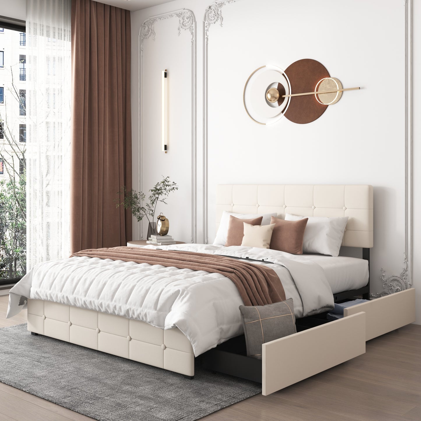 SYNGAR Upholstered Queen Platform Bed Frame with Storage Drawers, Queen Size Storage Bed with Velvet Headboard, Mattress Foundation with Strong Slats, No Box Spring Needed, Noise Free, Blue