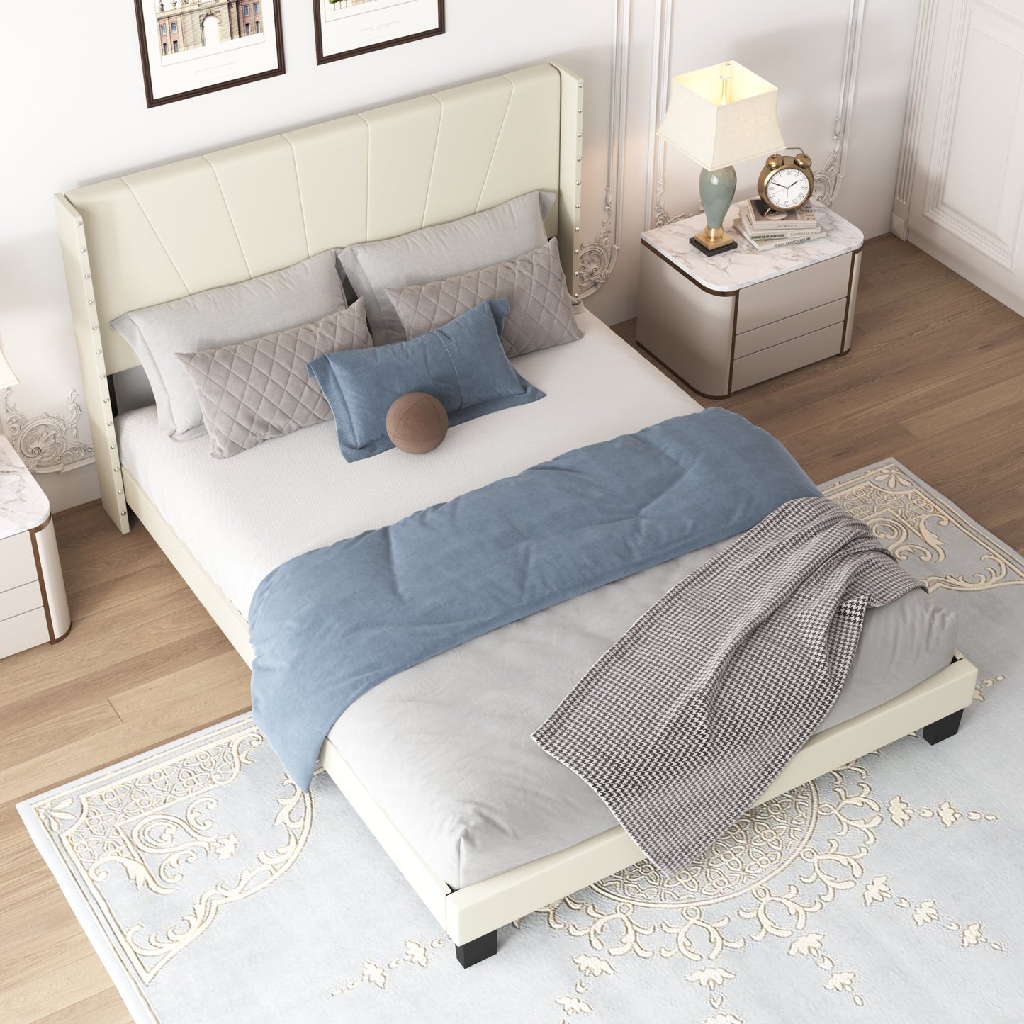 SYNGAR Beige Fabric Upholstered Platform Bed Frame Queen Size with Rivet Wingback Headboard, Mattress Foundation with Strong Wooden Slat Support for Kids Teens Adults, No Box Spring Needed