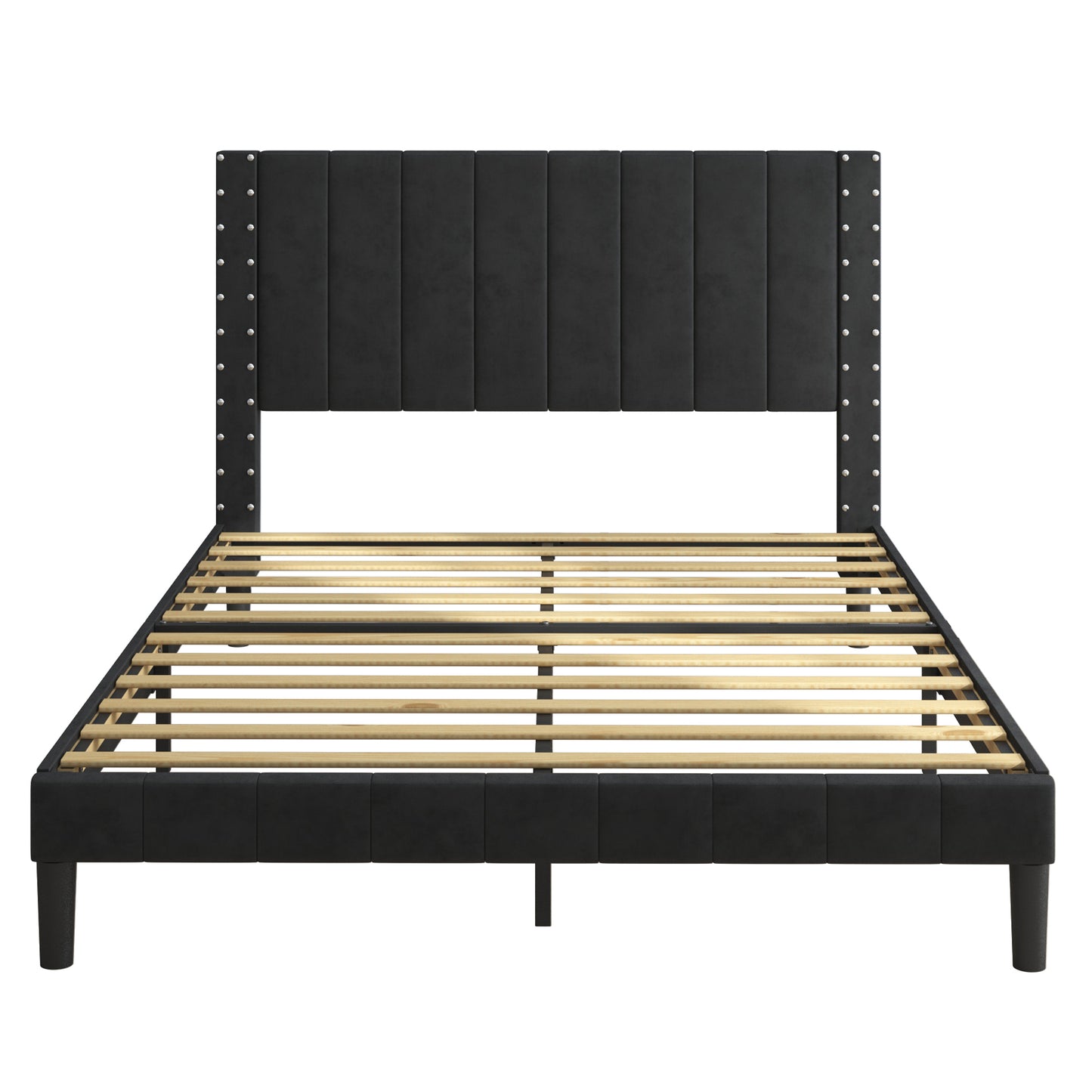 SYNGAR Queen Bed Frame, Modern Bed Frame with Square Tufted Upholstered Headboard, Wood Slat Support, Beige