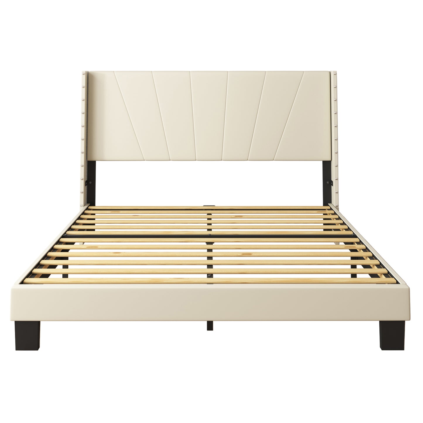 SYNGAR Beige Fabric Upholstered Platform Bed Frame Queen Size with Rivet Wingback Headboard, Mattress Foundation with Strong Wooden Slat Support for Kids Teens Adults, No Box Spring Needed