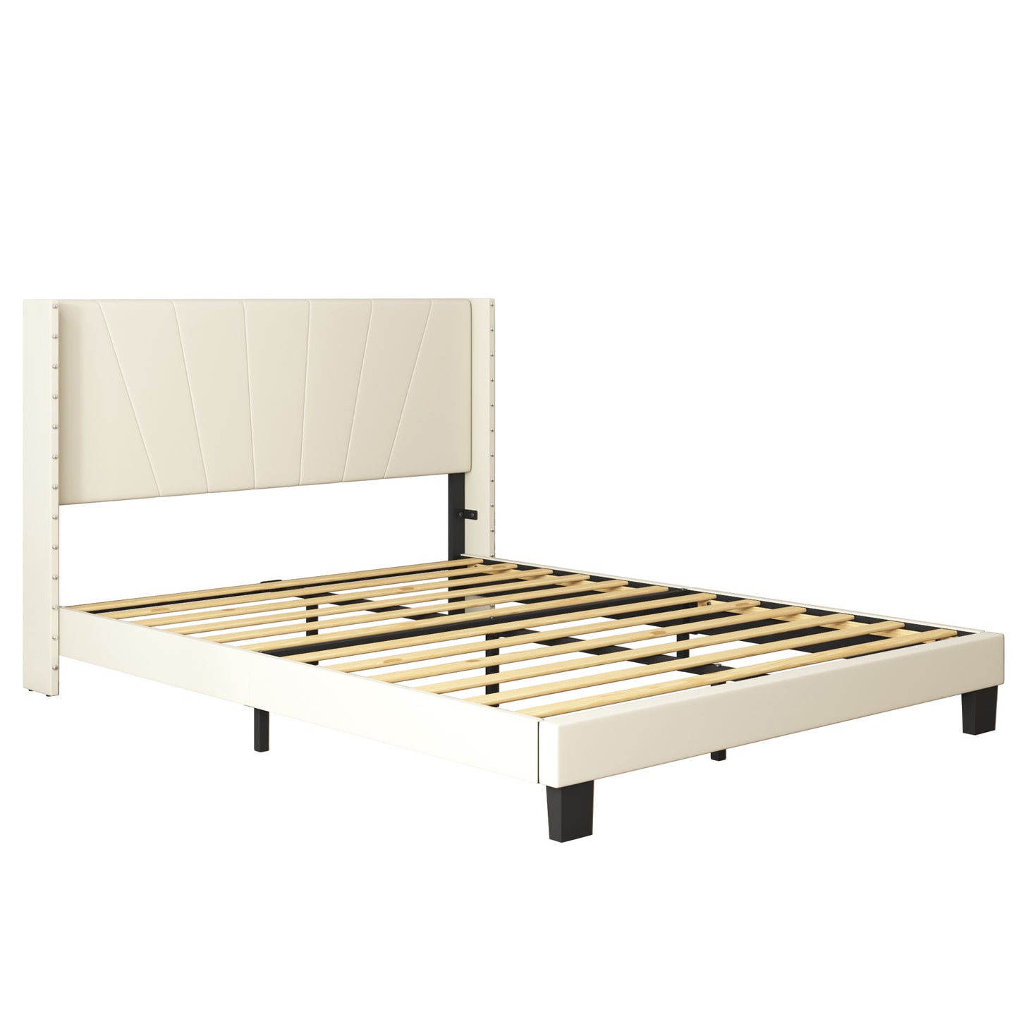 SYNGAR Beige Fabric Upholstered Platform Bed Frame Queen Size with Rivet Wingback Headboard, Mattress Foundation with Strong Wooden Slat Support for Kids Teens Adults, No Box Spring Needed