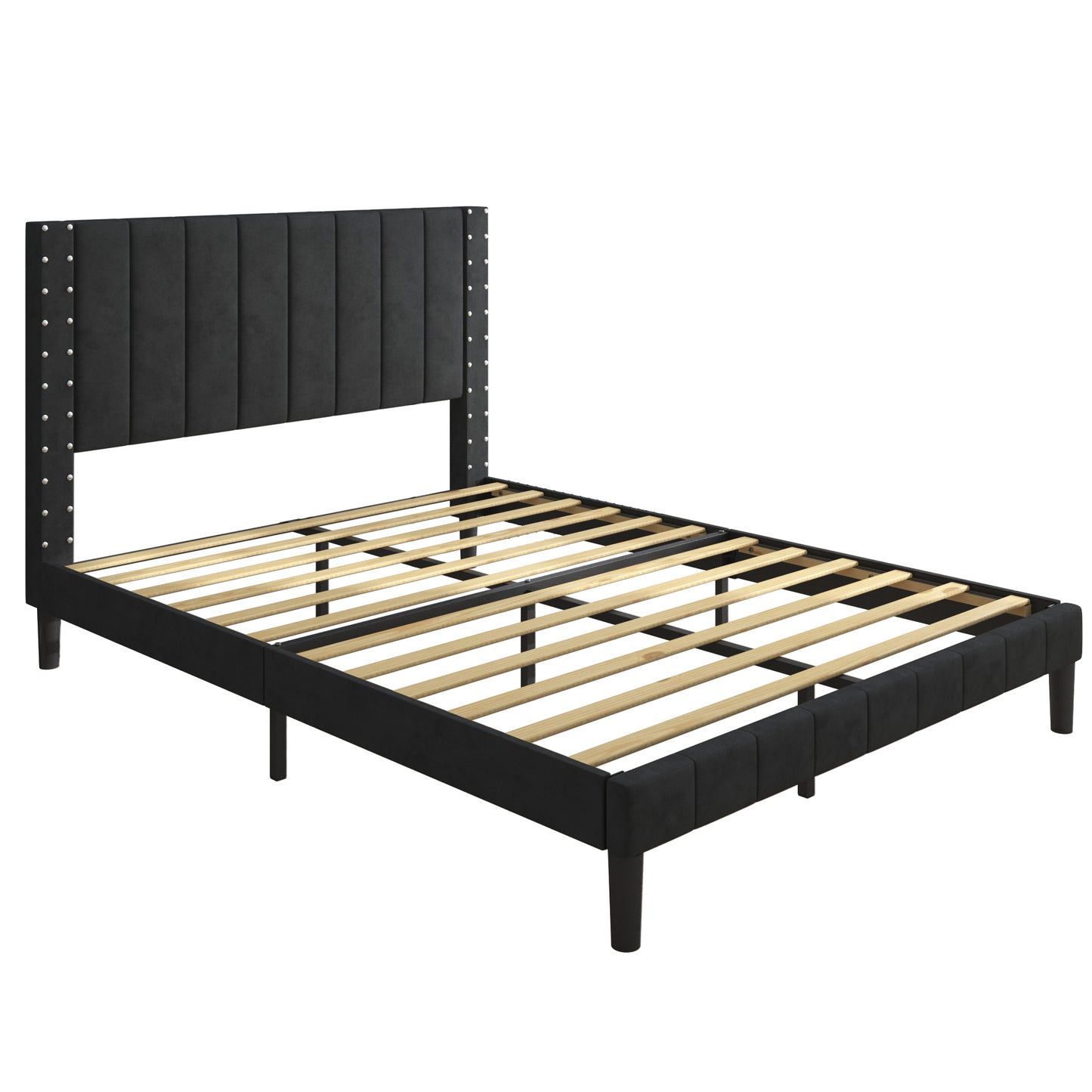 SYNGAR Queen Bed Frame, Modern Bed Frame with Square Tufted Upholstered Headboard, Wood Slat Support, Beige