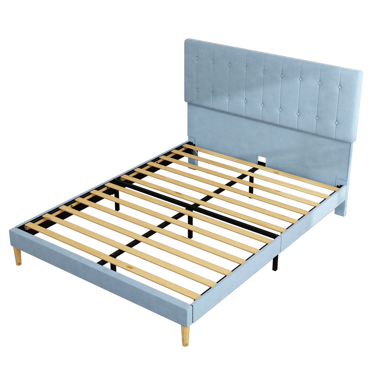 SYNGAR Blue Fabric Upholstered Platform Bed Frame Queen Size with Button Tufted Headboard, Mattress Foundation Metal Frame with Strong Wood Slat Support, No Box Spring Needed