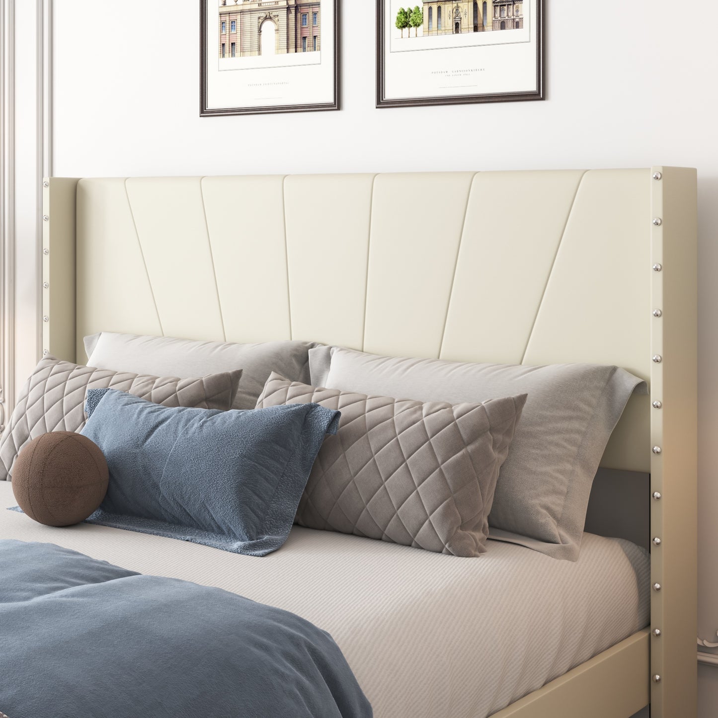 SYNGAR Beige Fabric Upholstered Platform Bed Frame Queen Size with Rivet Wingback Headboard, Mattress Foundation with Strong Wooden Slat Support for Kids Teens Adults, No Box Spring Needed