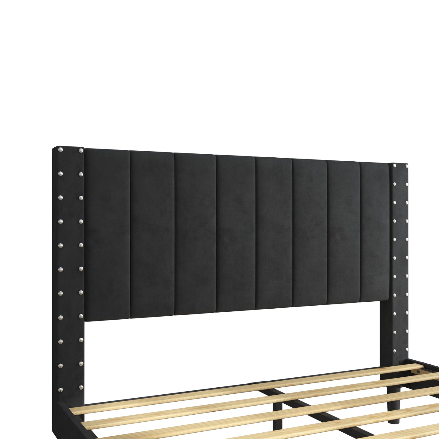 SYNGAR Queen Bed Frame, Modern Bed Frame with Square Tufted Upholstered Headboard, Wood Slat Support, Beige