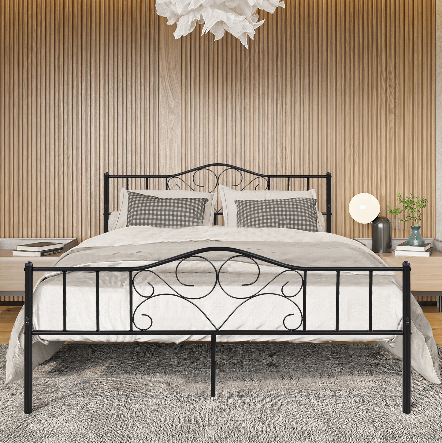 Queen Size Bed Frame with Headboard, Metal Queen Size Platform Bed frame with Steel Slats Support, Black