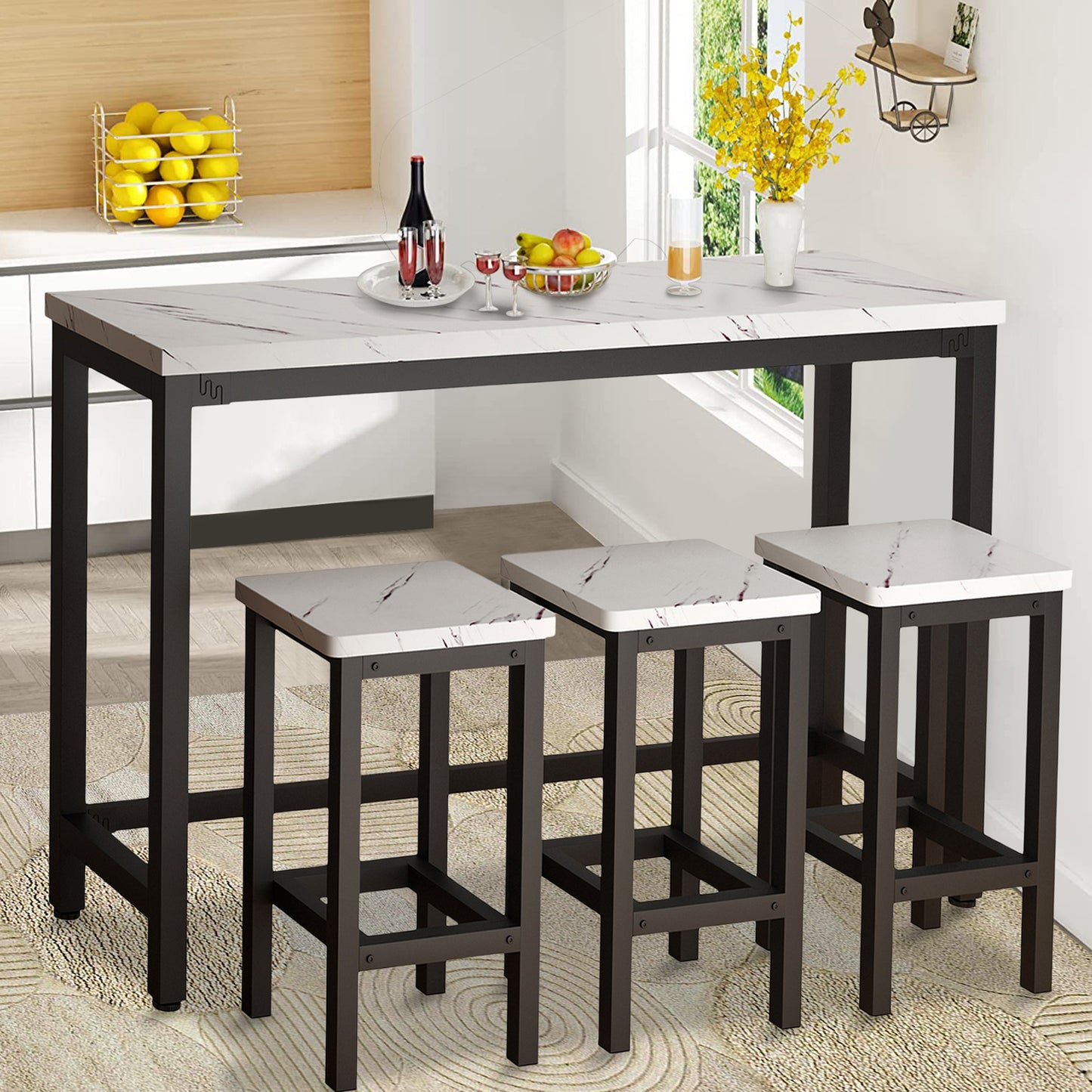 Counter Height Bar Table Set, Modern 4 Pieces Dining Table Set, Long Pub Table and 3 Stools, 3-Person Dining Table and Stools Set, Kitchen Side Table Set for Breakfast, White, Y002