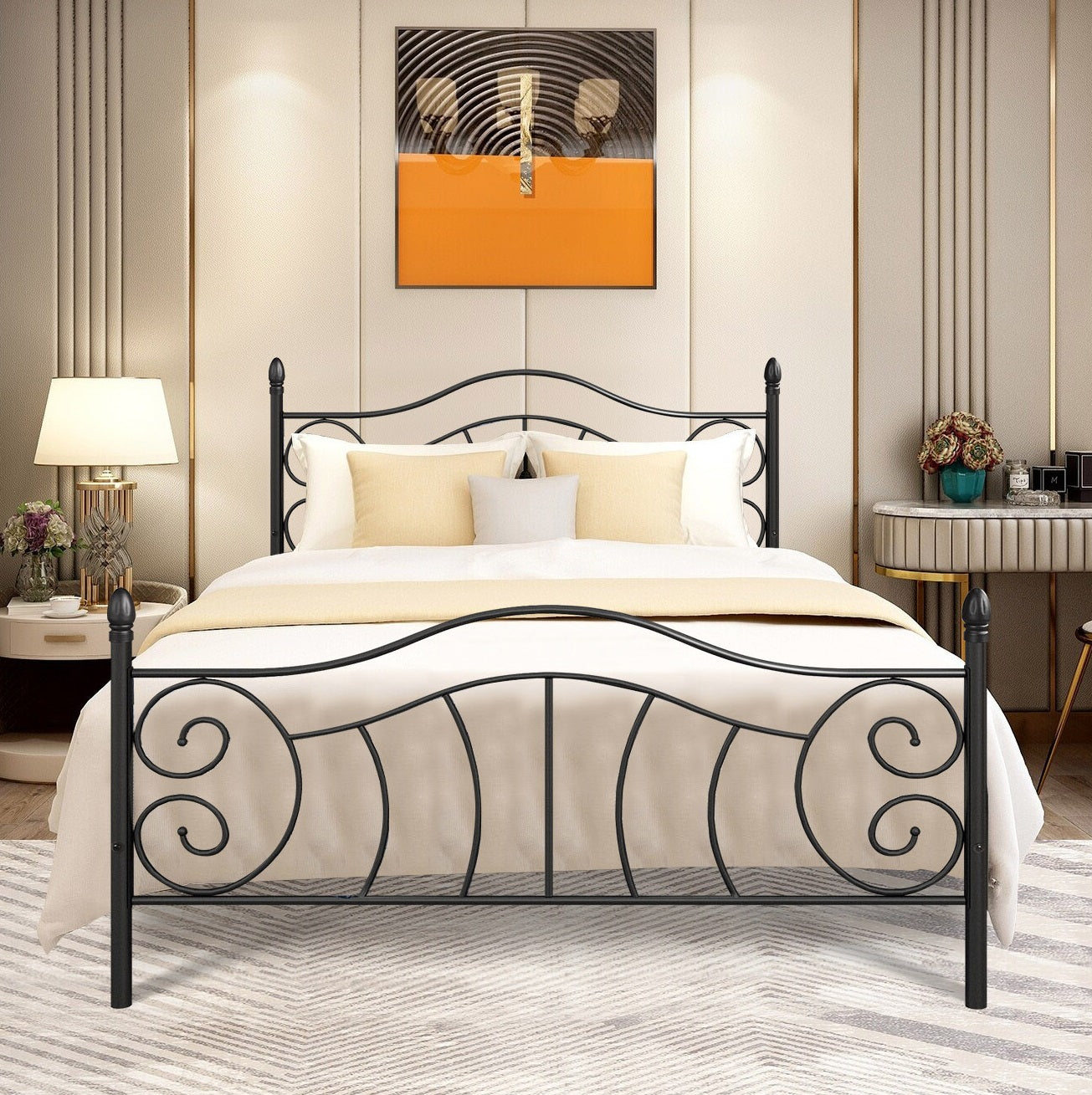 Queen Size Bed Frame with Headboard, Metal Queen Size Platform Bed frame with Steel Slats Support, Black