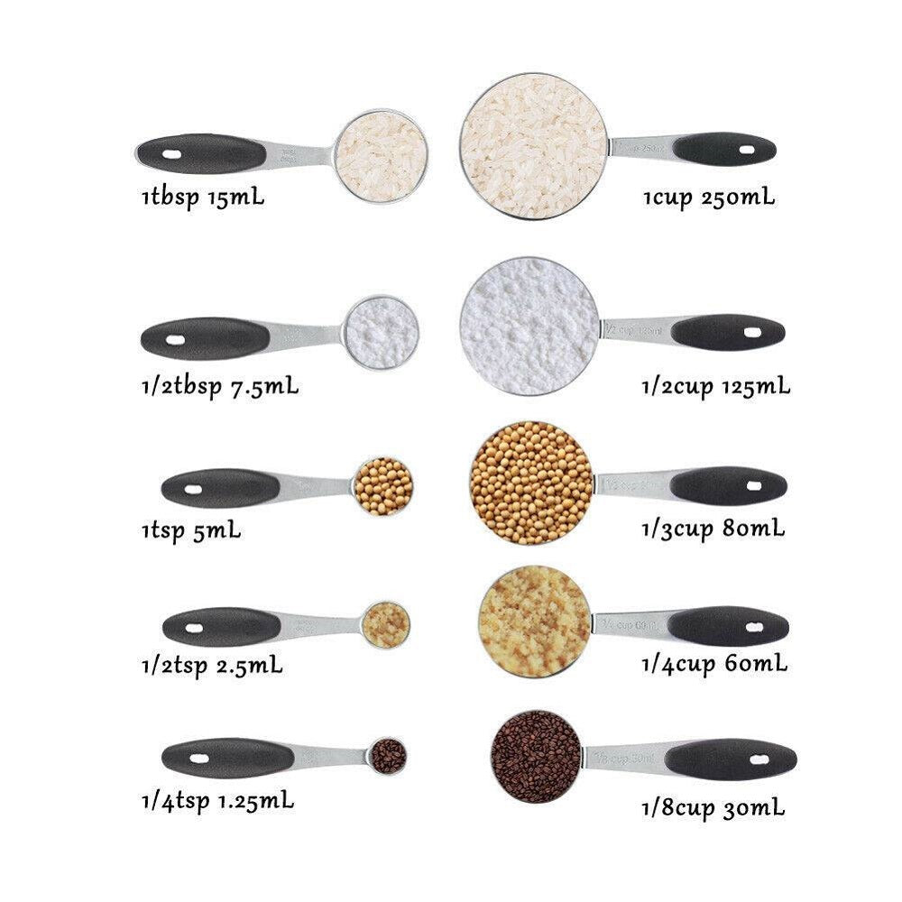 SYNGAR 10 Piece Measuring Cups and Measuring Spoon Set, Stainless Steel with Soft Touch Silicone Handles, Nesting Liquid Measuring Cup Set or Dry Measuring Cups Set, Silver and Black