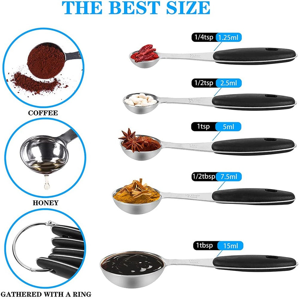 SYNGAR 10 Piece Measuring Cups and Measuring Spoon Set, Stainless Steel with Soft Touch Silicone Handles, Nesting Liquid Measuring Cup Set or Dry Measuring Cups Set, Silver and Black