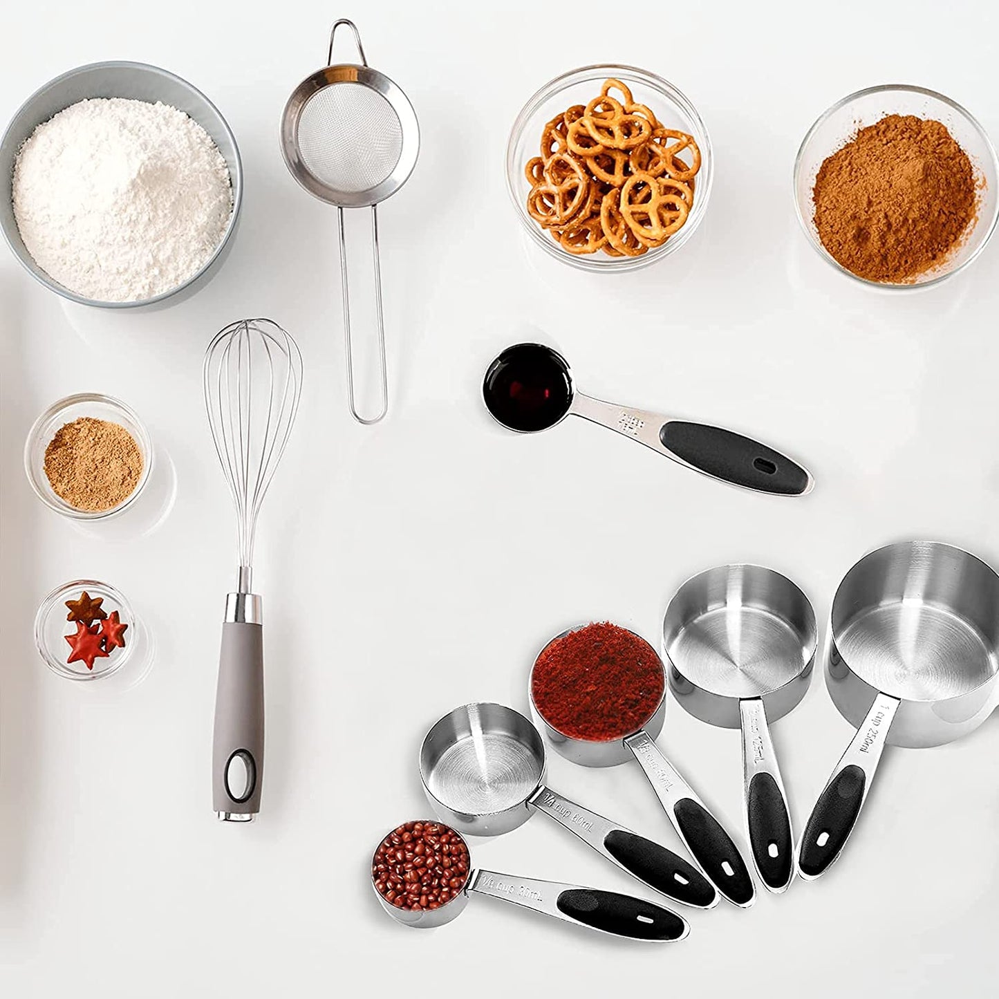 Stainless Steel Measuring Cups and Spoons Set, Stackable Metal Kitchen Tools & Gadgets for Dry/Wet Ingredients, Home Essentials, Measuring Cups for Baking, Cooking, Teaspoons Set, 10-Piece