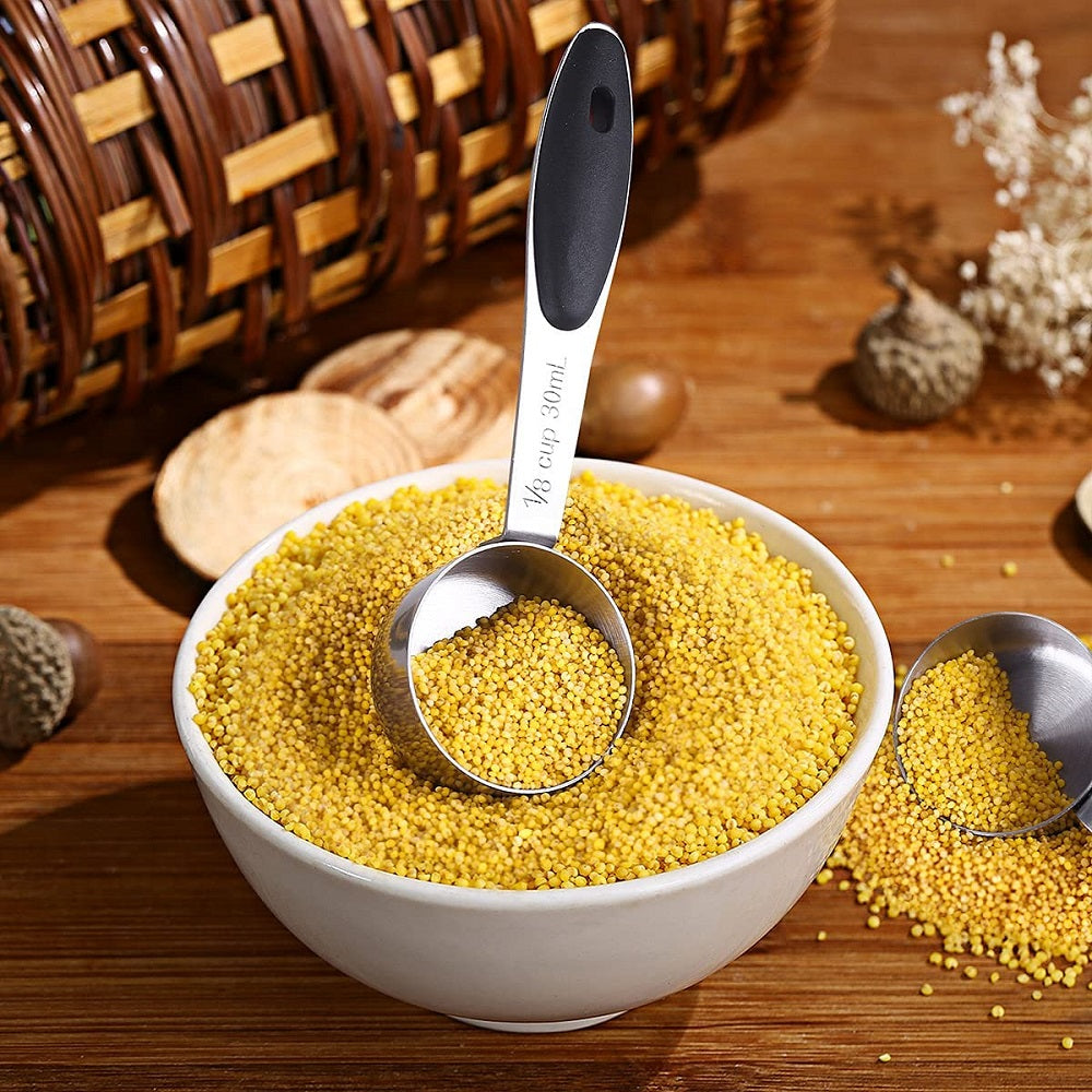 SYNGAR 10 Piece Measuring Cups and Measuring Spoon Set, Stainless Steel with Soft Touch Silicone Handles, Nesting Liquid Measuring Cup Set or Dry Measuring Cups Set, Silver and Black