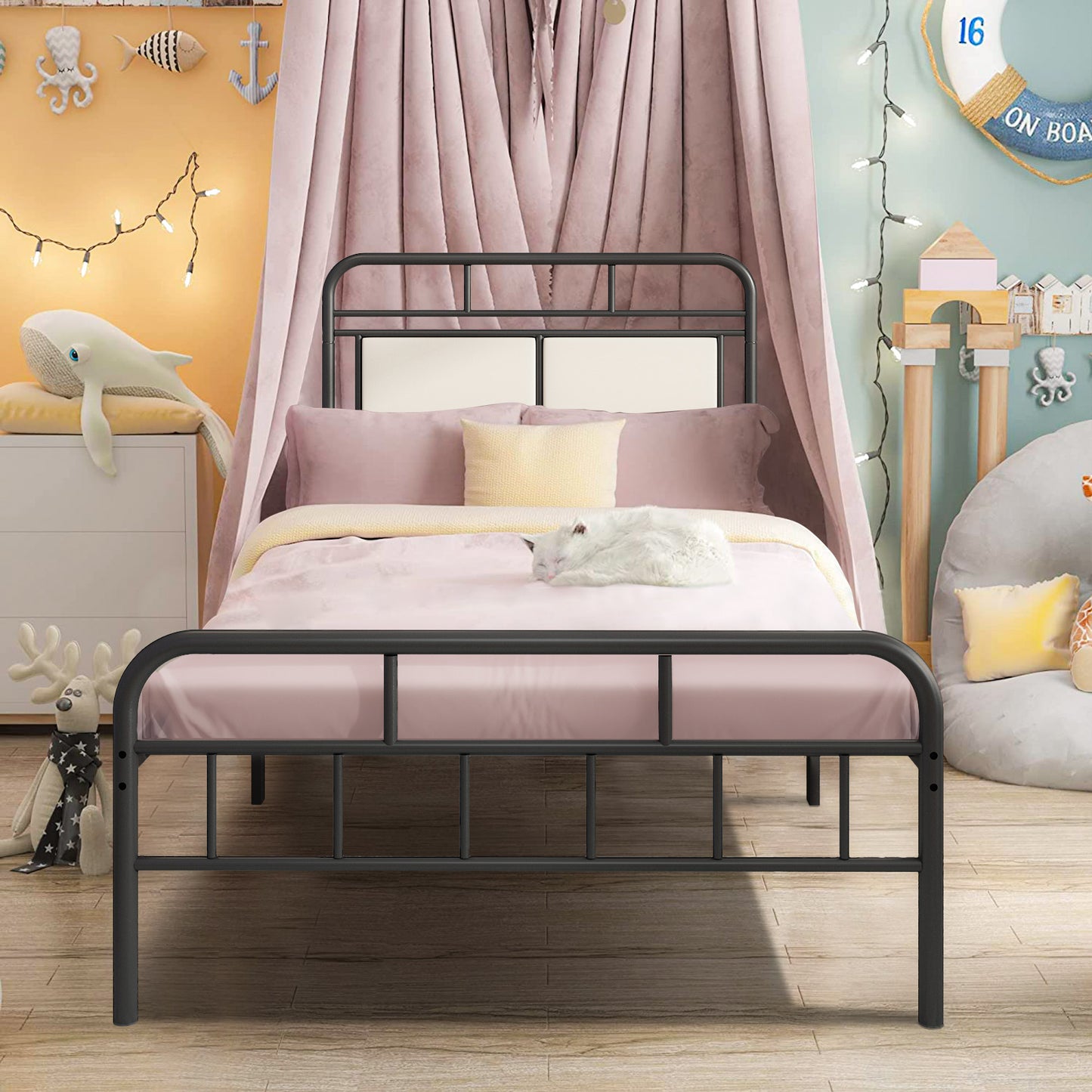 SYNGAR Black Iron Platform Bed Frame Twin Size with Upholstered Headboard, Footboard, Metal Twin Bed Frame Mattress Foundation with 400LBS Load Capacity, No Box Spring Needed, Easy Assembly