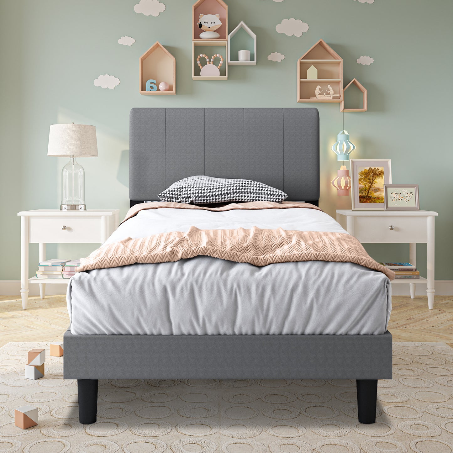 SYNGAR Twin Size Fabric Fully Upholstered Platform Bed Frame with Rivet Wingback Headboard, Sturdy Metal Frame, Strong Wooden Slats, No Box Spring Needed, Easy Assembly, Beige