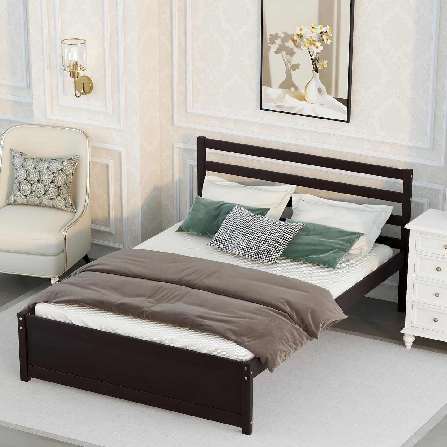 Syngar King Size Platform Bed with Headboard, Solid Wood Frame with Headboard, 800 Lbs. Weight Capacity, White, LJ2093
