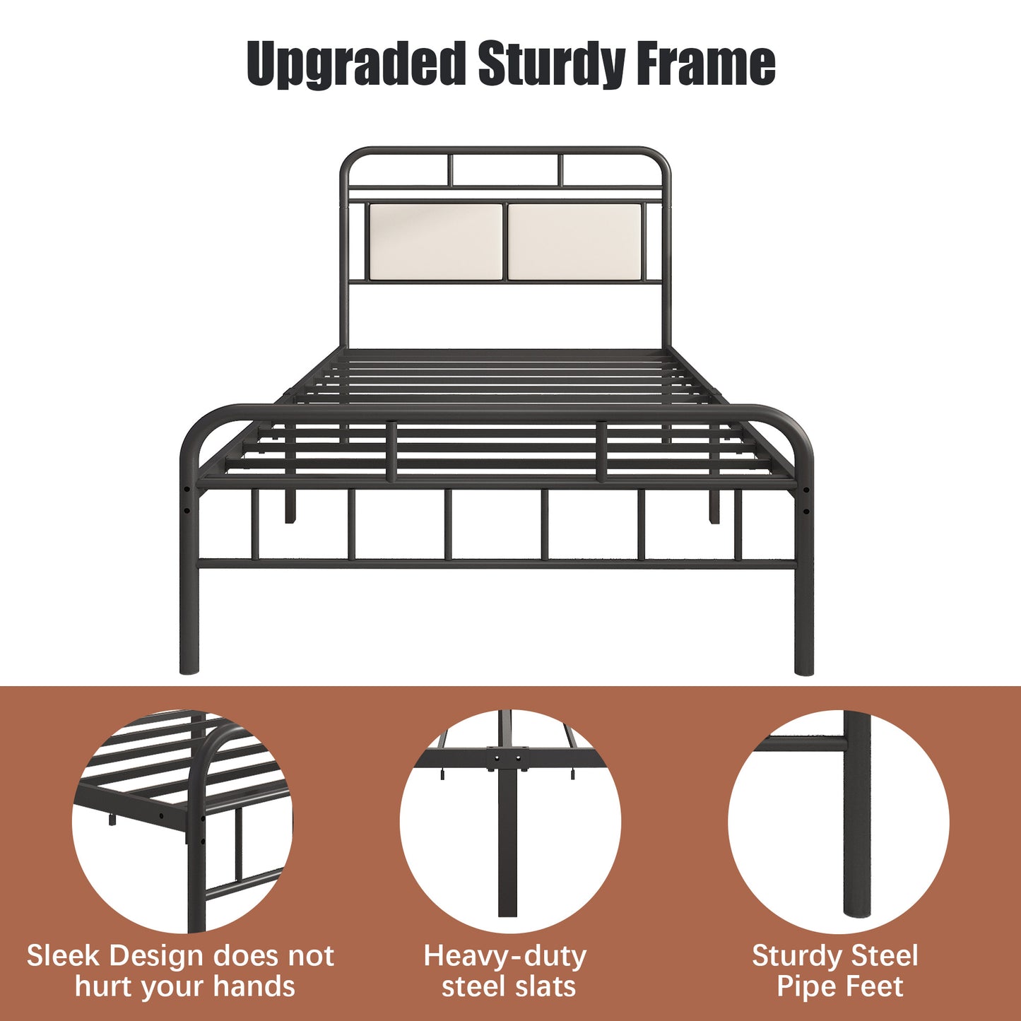 SYNGAR Black Iron Platform Bed Frame Twin Size with Upholstered Headboard, Footboard, Metal Twin Bed Frame Mattress Foundation with 400LBS Load Capacity, No Box Spring Needed, Easy Assembly
