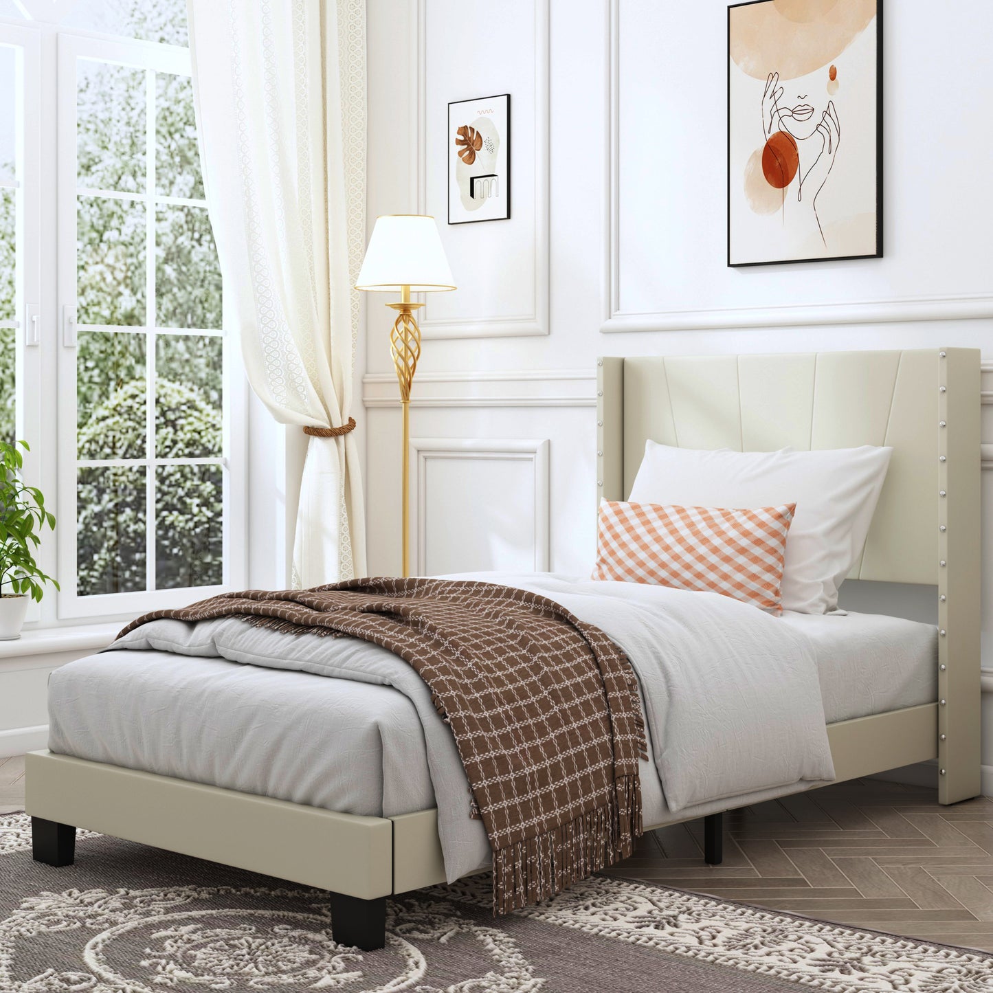 SYNGAR Twin Size Platform Bed Frame with Faux Leather Upholstered Headboard, Button Tufted and Height Adjustable, Ivory White