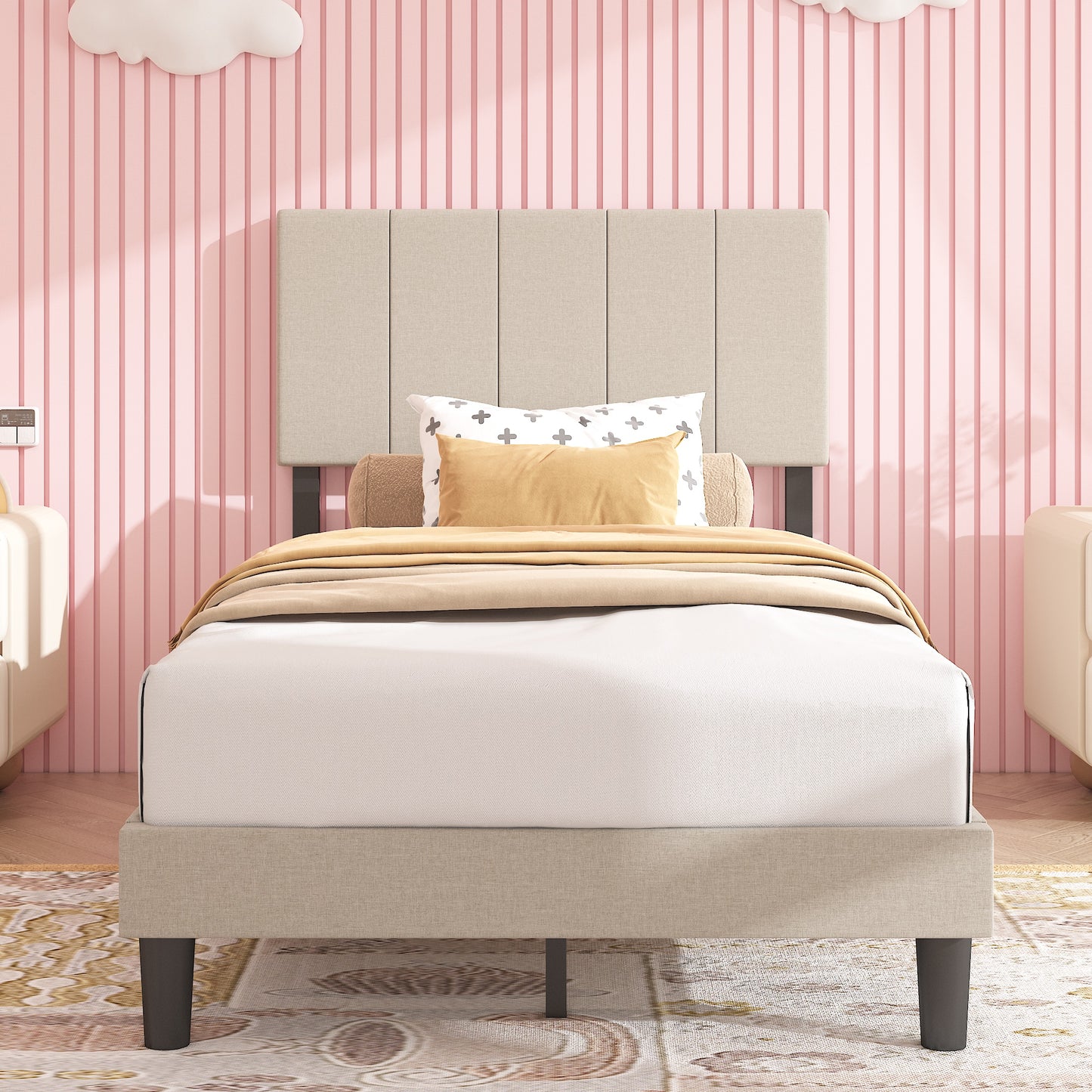 SYNGAR Twin Size Fabric Fully Upholstered Platform Bed Frame with Rivet Wingback Headboard, Sturdy Metal Frame, Strong Wooden Slats, No Box Spring Needed, Easy Assembly, Beige