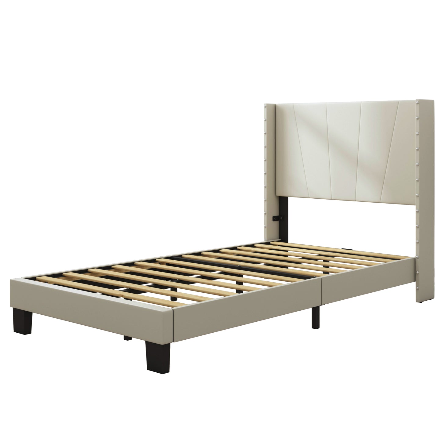SYNGAR Twin Size Platform Bed Frame with Faux Leather Upholstered Headboard, Button Tufted and Height Adjustable, Ivory White