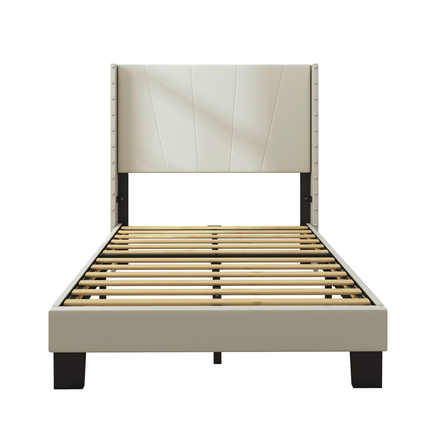 SYNGAR Twin Size Platform Bed Frame with Faux Leather Upholstered Headboard, Button Tufted and Height Adjustable, Ivory White