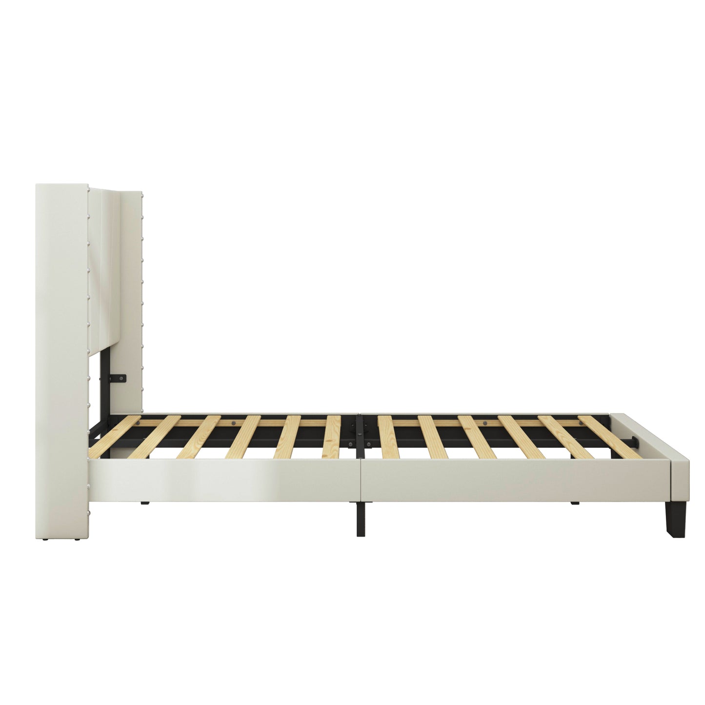 SYNGAR Twin Size Platform Bed Frame with Faux Leather Upholstered Headboard, Button Tufted and Height Adjustable, Ivory White