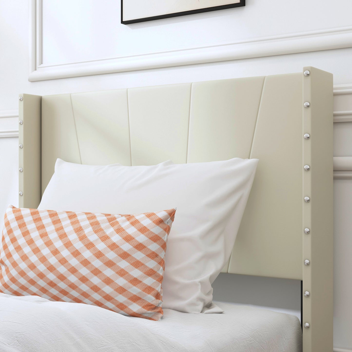 SYNGAR Twin Size Platform Bed Frame with Faux Leather Upholstered Headboard, Button Tufted and Height Adjustable, Ivory White