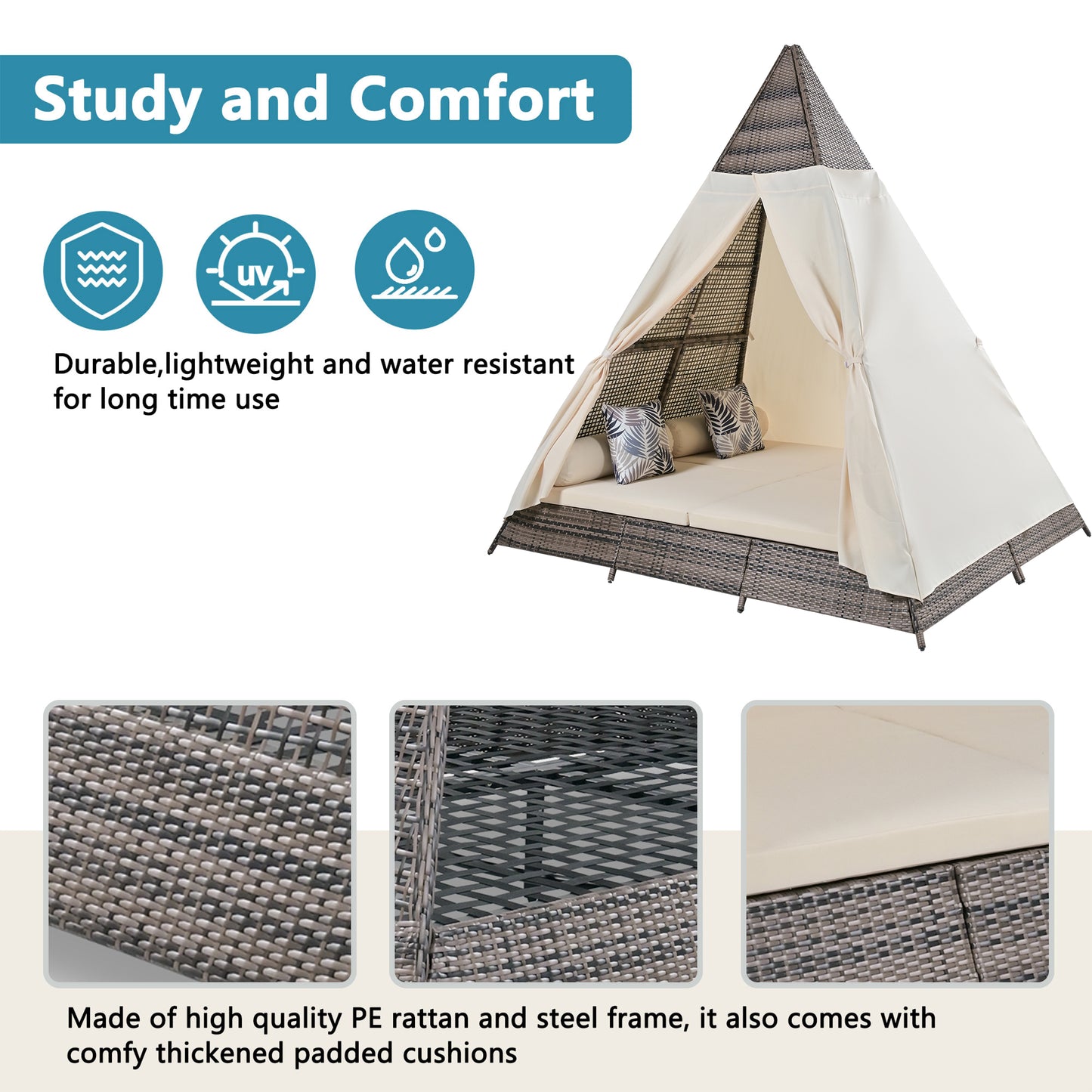 Syngar Outdoor Patio Sunbed with Removable Curtain, All Weather PE Wicker Tent-Shaped Daybed with Beige Cushions and Colorful Pillows, Patio Furniture Set for Garden Porch Deck Poolside