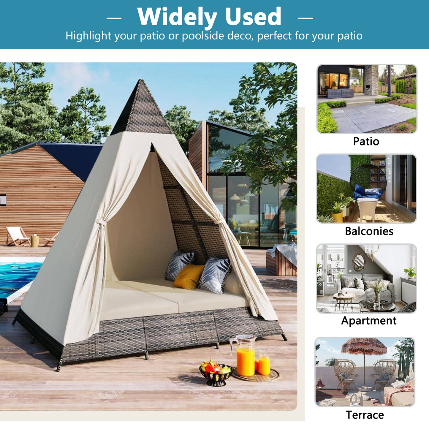 Syngar Outdoor Patio Sunbed with Removable Curtain, All Weather PE Wicker Tent-Shaped Daybed with Beige Cushions and Colorful Pillows, Patio Furniture Set for Garden Porch Deck Poolside