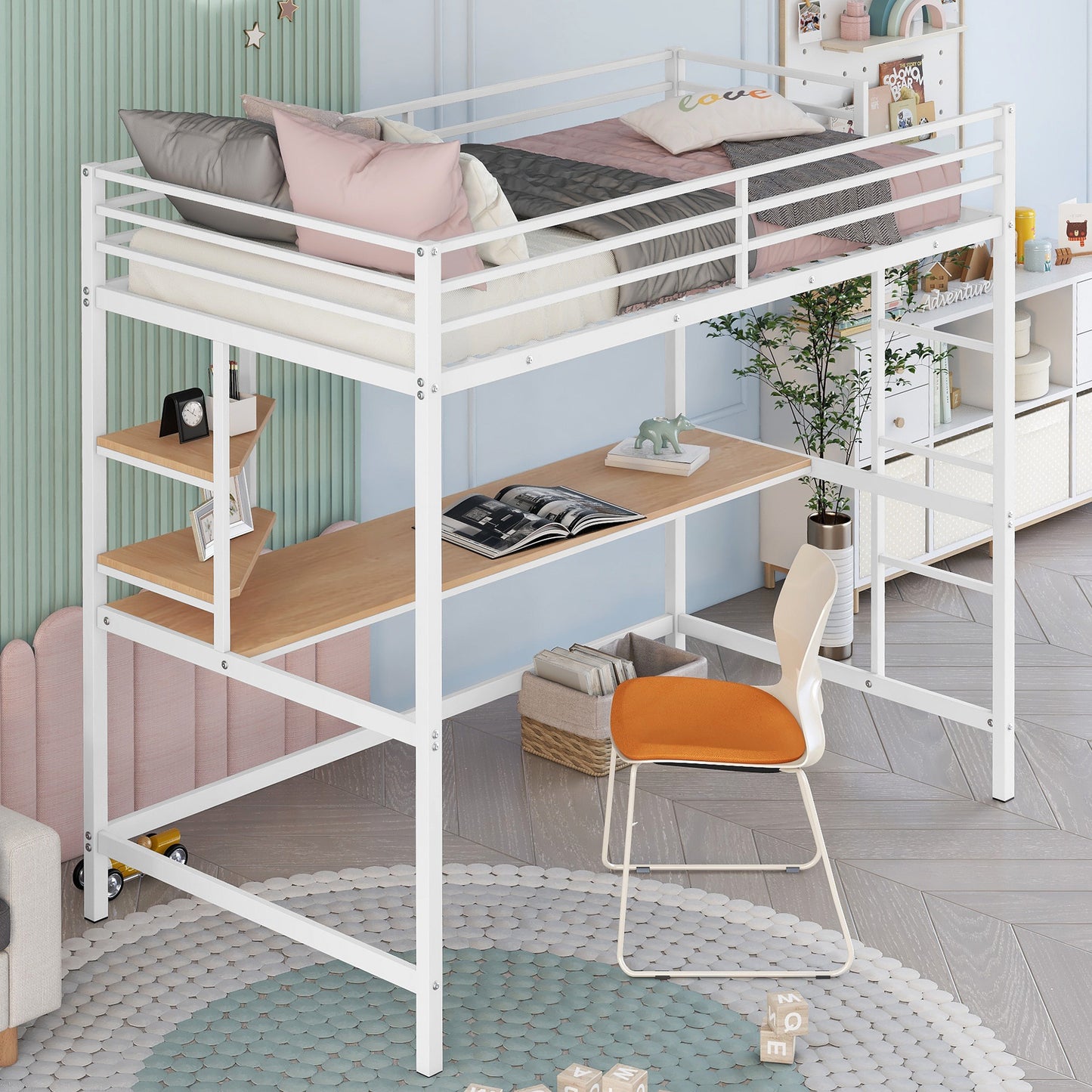 Twin Loft Bed Frame with Desk for Teens Kids, Classic Metal Bed Frames in Twin with Desk Ladder and Guardrails, Kids Bed Frame, Black, LJ503
