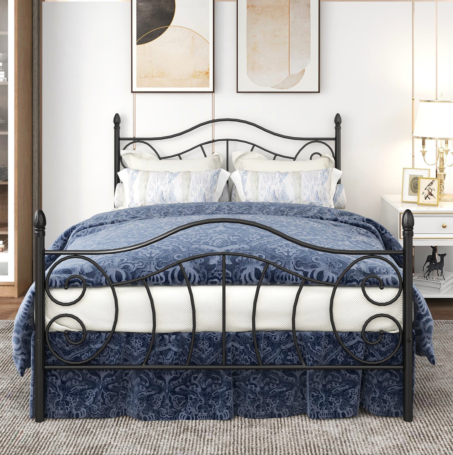 Queen Size Bed Frame with Headboard, Metal Queen Size Platform Bed frame with Steel Slats Support, Black