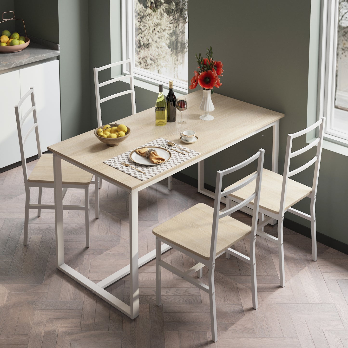 5 Piece Dining Table Set for 4, Dining Room Table Set, Modern Rustic Table Set with 4 Chairs, Wooden Tabletop and Metal Frame, Home Kitchen Breakfast Table and Chairs Set, D6115