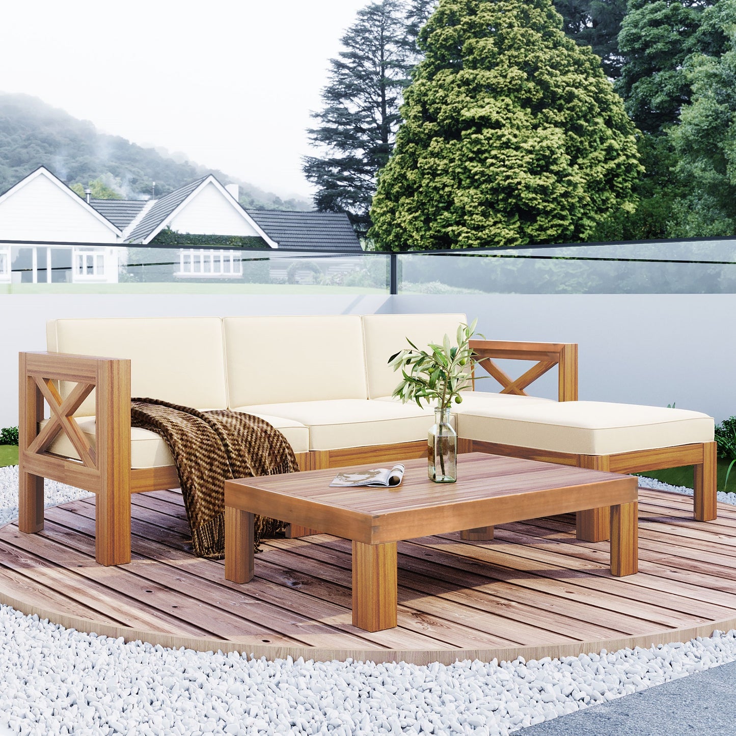 Syngar Outdoor Sofa Chairs Set, Patio Metal Furniture Set with Brown Cushions, 7 Piece Conversation Sofas with Corner Sofas, Armless Sofa and Coffee Table, for Backyard, Poolside, Deck, Balcony