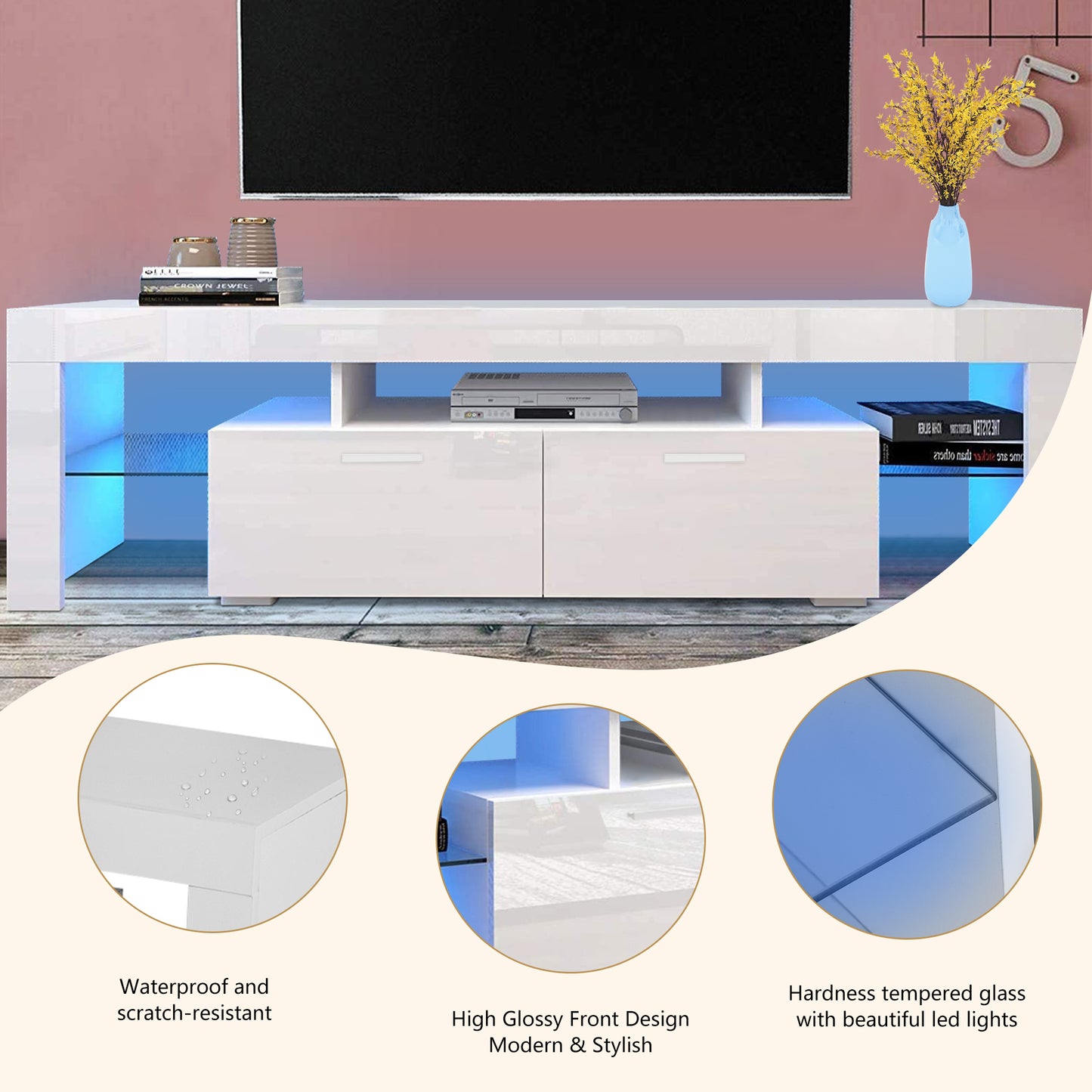 White TV Stand for 70 inch TV, Modern High Glossy Television Table Stands TV Cabinet Console Table with 16 Colors LED Lights, TV Buffet Cabinet with Storage, Living Room Entertainment Center