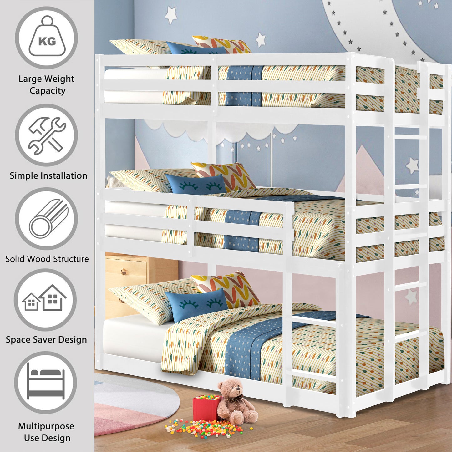 SYNGAR White Wood Triple Bunk Bed Frame for Kids, 3 Twin Bed Triple Floor Bunk Bed with Ladders, Adjustable Detachable Design 3 Bed Frame, No Box Spring Needed, Twin Over Twin Over Twin