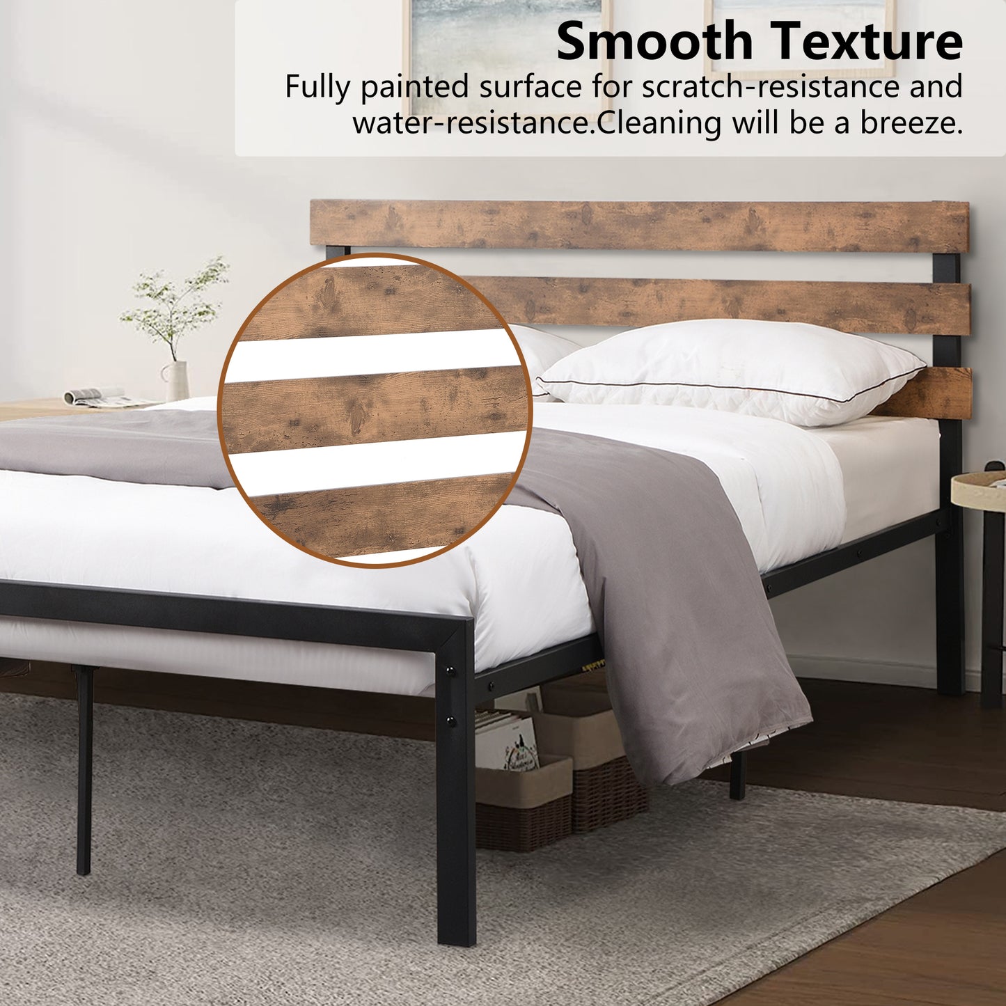 SYNGAR Full Size Metal Platform Bed Frame with Industrial Headboard, Steel Legs, Underbed Storage, Bedroom Furnitrue with Strong Slat Support, No Box Spring Needed, Black