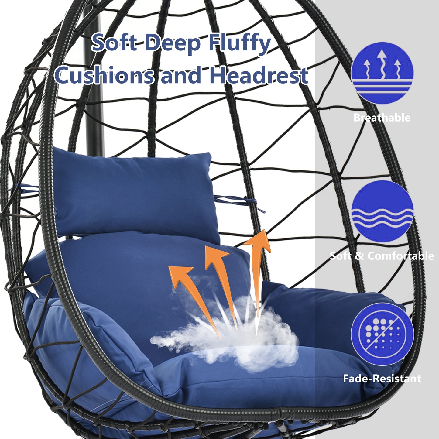 SYNGAR 2 Piece Indoor Outdoor Patio Wicker Hanging Chairs, Swing Hammock Egg Chairs Waterproof Cushions with Steel Frame, 300lbs Capacity for Patio Balcony Bedroom Living Room, Navy Blue