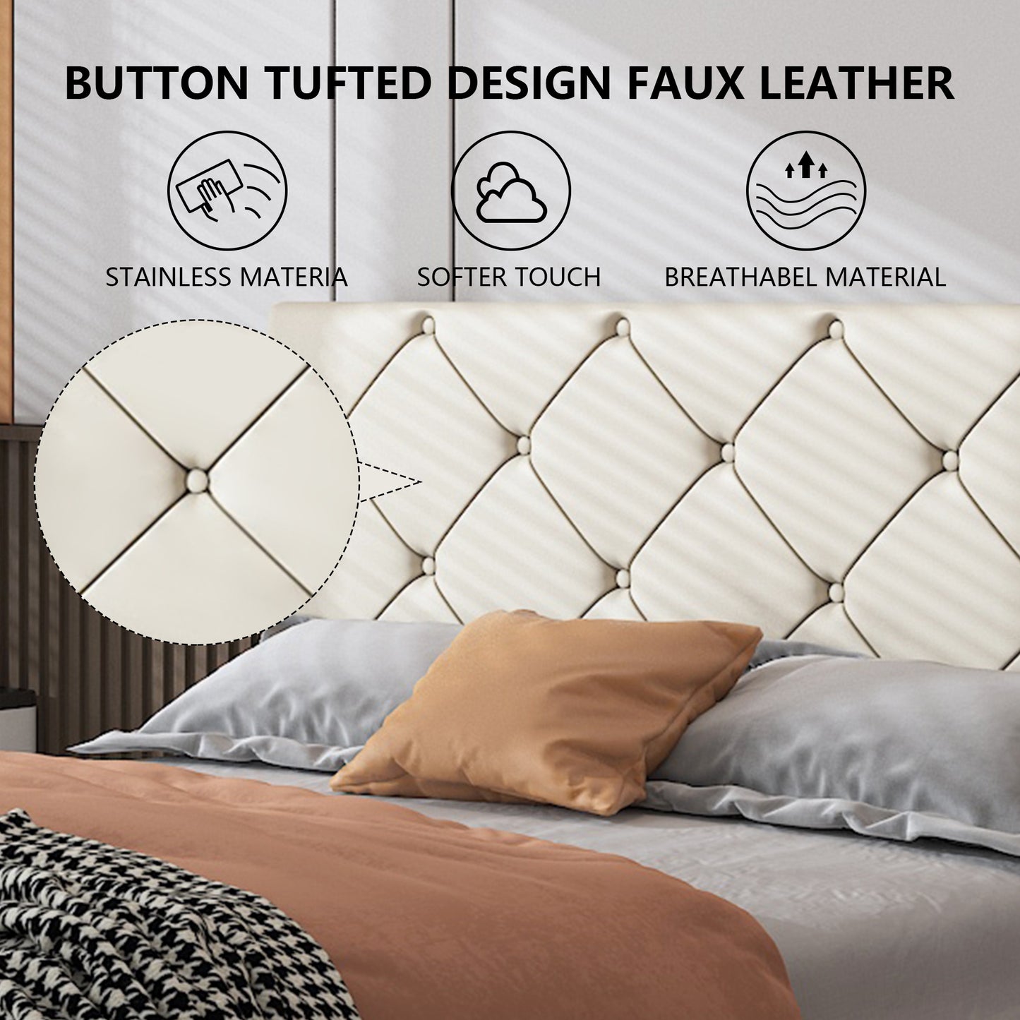 White Fabric Upholstered Platform Bed Frame Queen Size with Height Adjustable Headboard, Mattress Foundation with Strong Wooden Slat Support, No Box Spring Needed